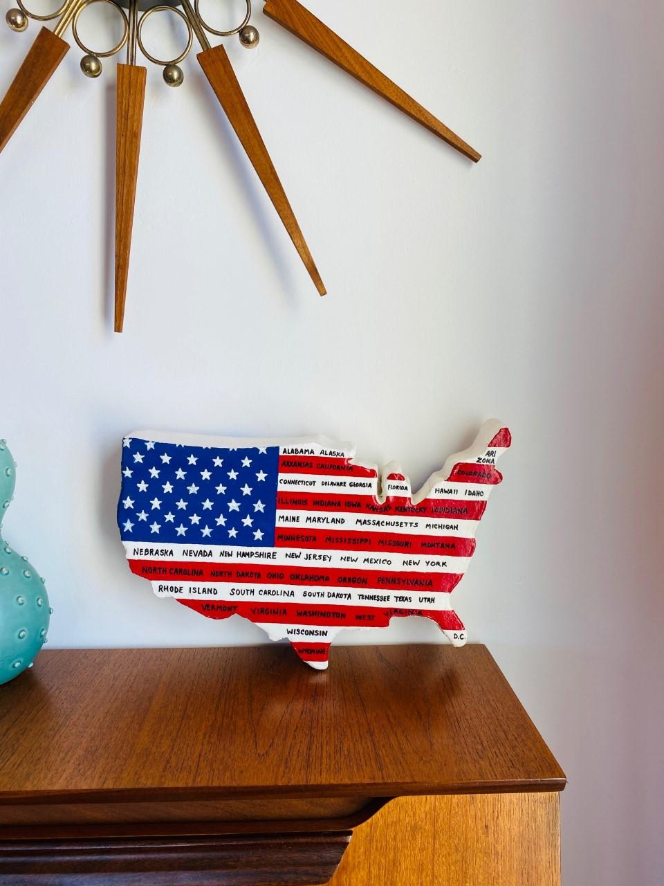 Hand-Crafted Vintage US Map American Flag Wall Art  For Sale