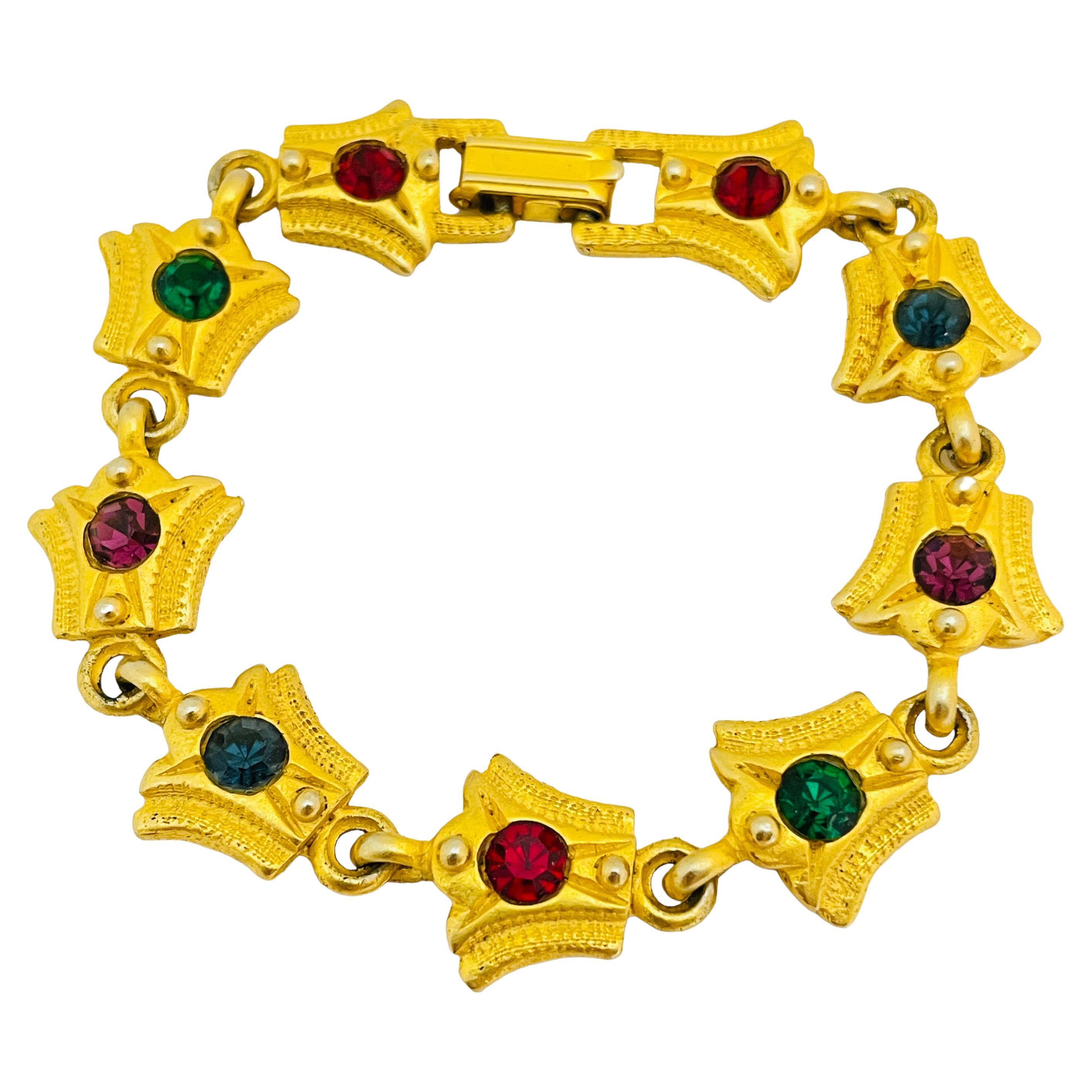 Vintage USA matte gold jewel rhinestone designer runway bracelet For Sale