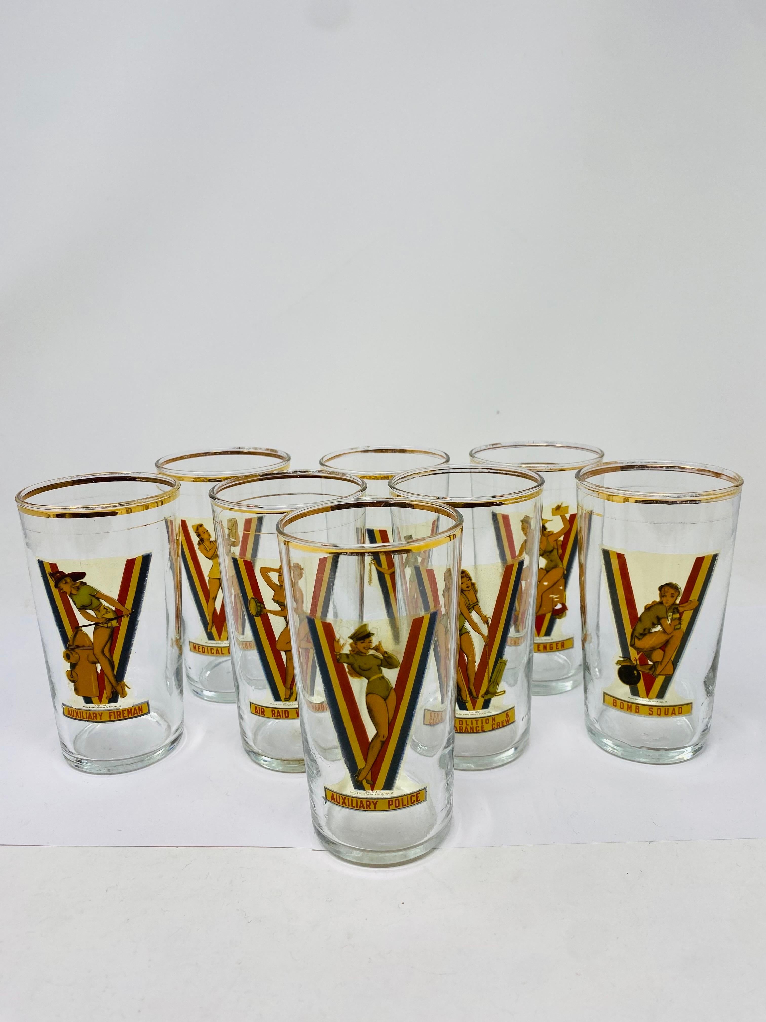 Complete set of 8 WWII drinking glasses, made by the Philip Ronald Corporation of Chicago, IL in 1942. Each glass is 4.5