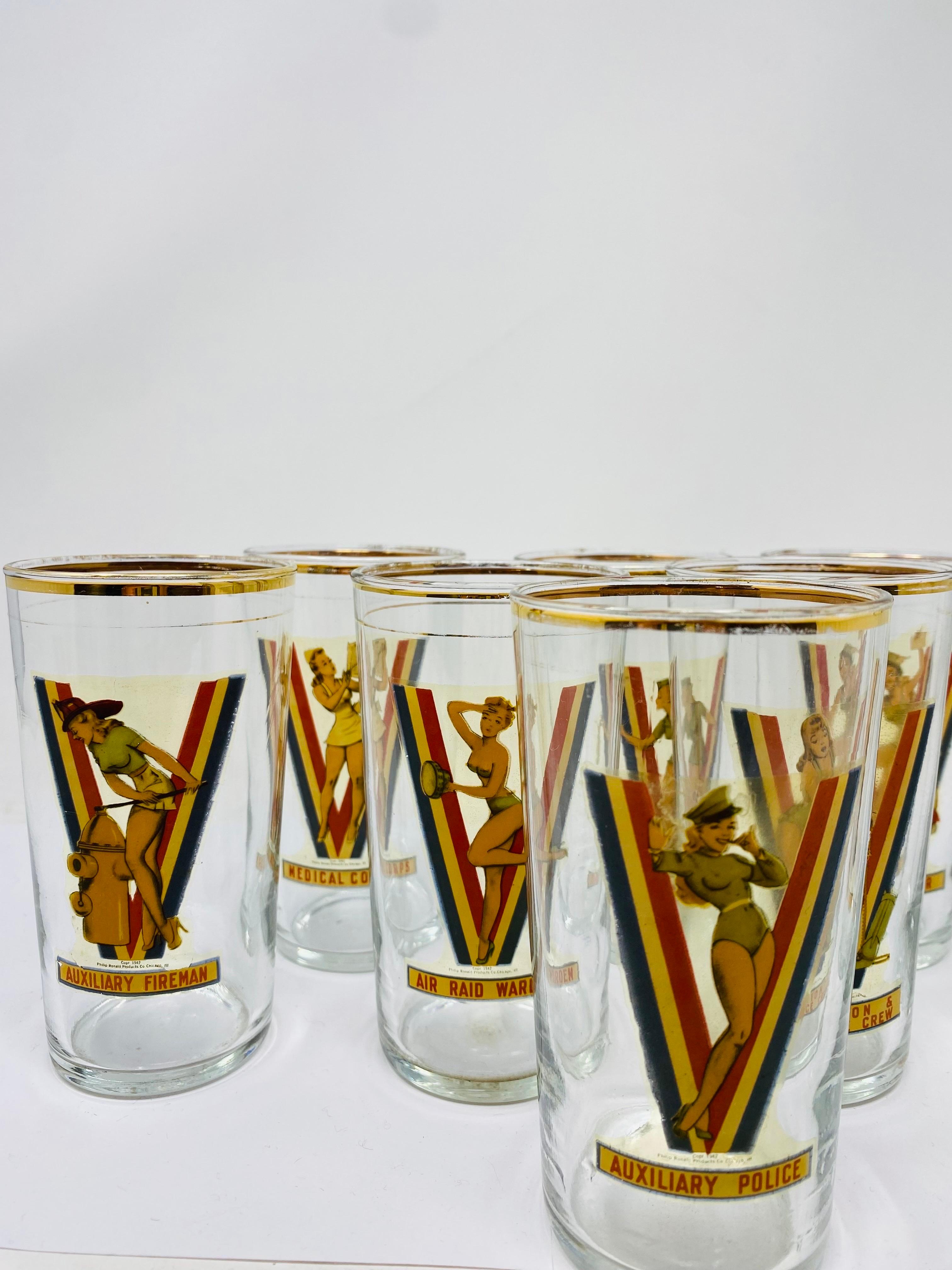Hollywood Regency Vintage USA WWII Pinup Girl Victory Drinking Glasses (1942 Set of 8) For Sale