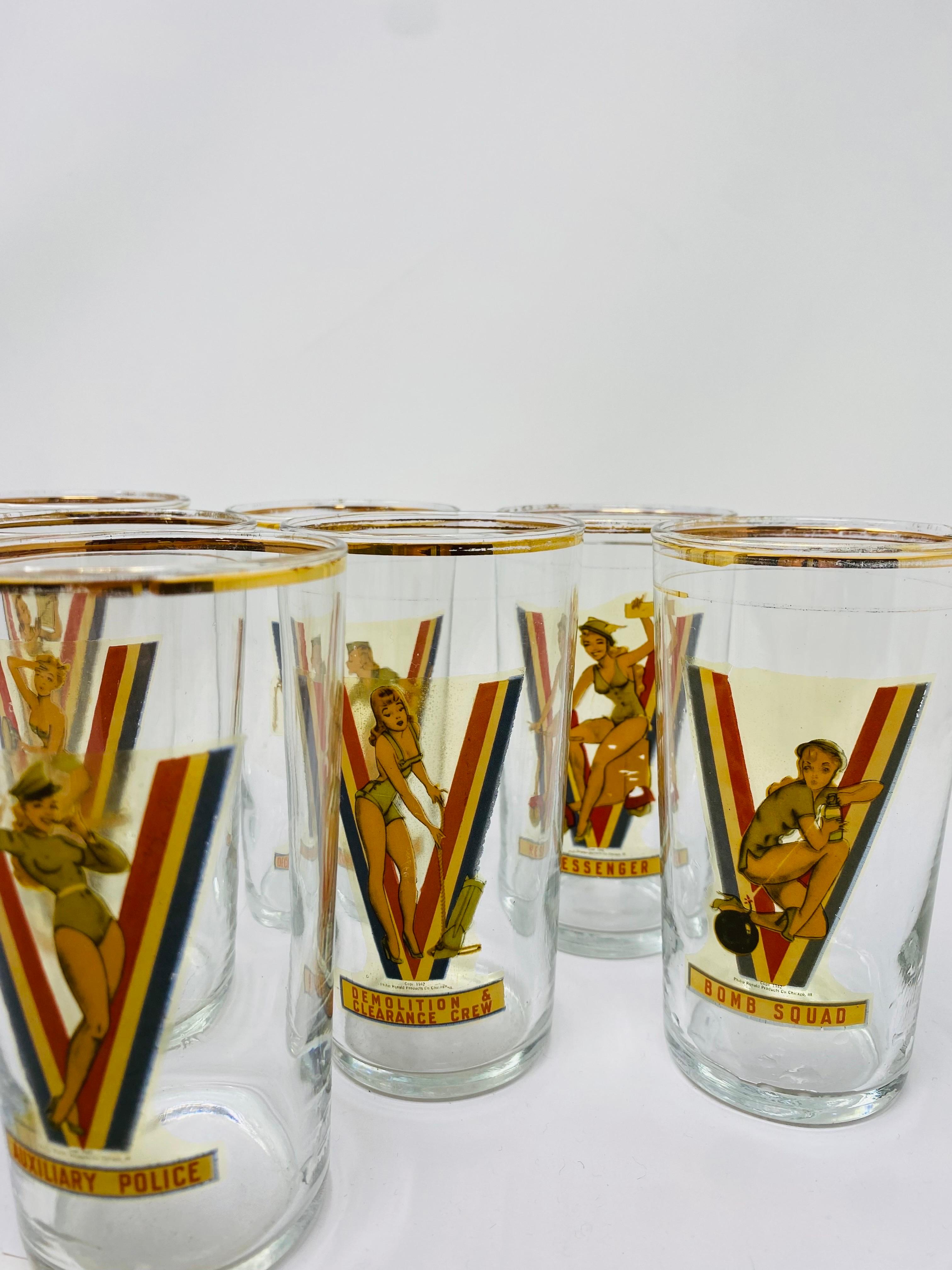 American Vintage USA WWII Pinup Girl Victory Drinking Glasses (1942 Set of 8) For Sale