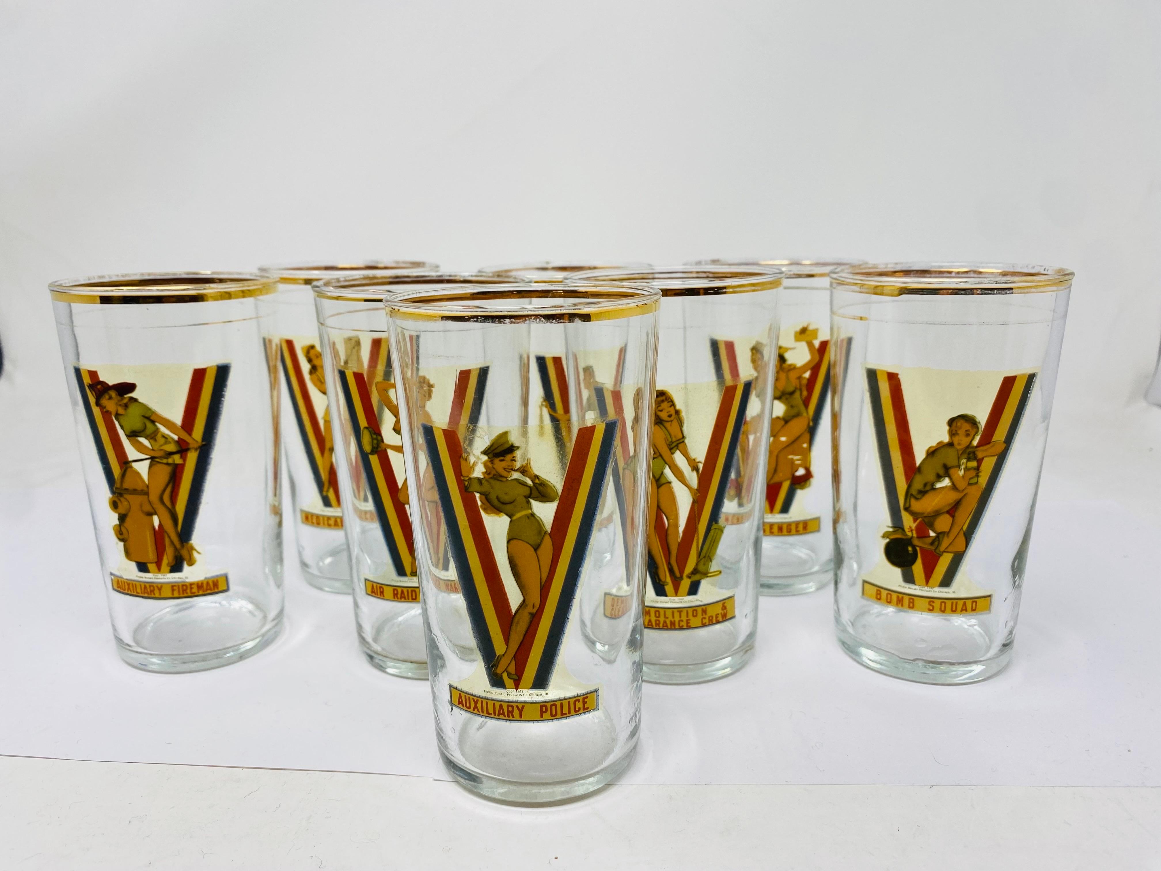 Hand-Crafted Vintage USA WWII Pinup Girl Victory Drinking Glasses (1942 Set of 8) For Sale