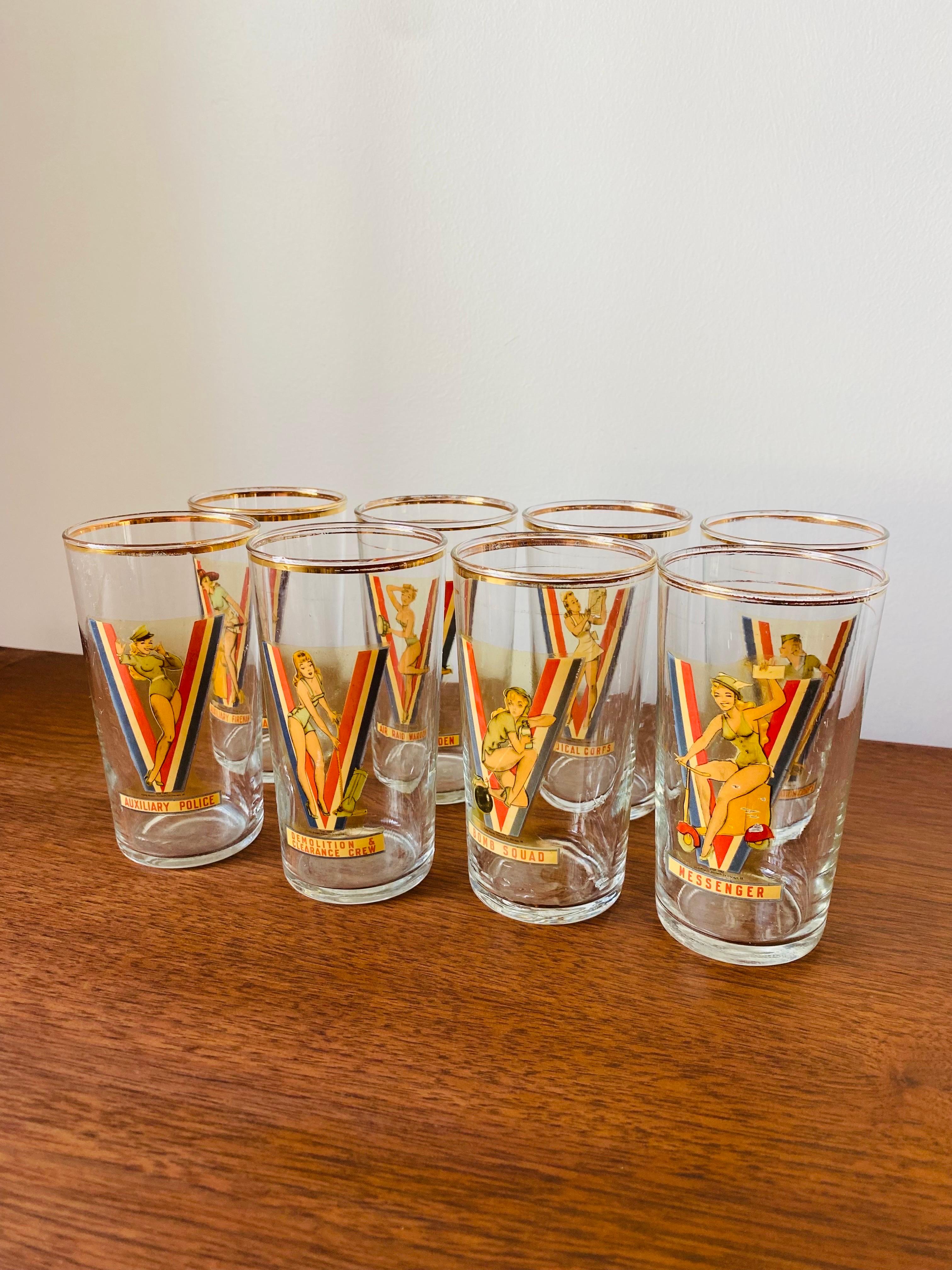 Vintage USA WWII Pinup Girl Victory Drinking Glasses (1942 Set of 8) In Good Condition For Sale In San Diego, CA