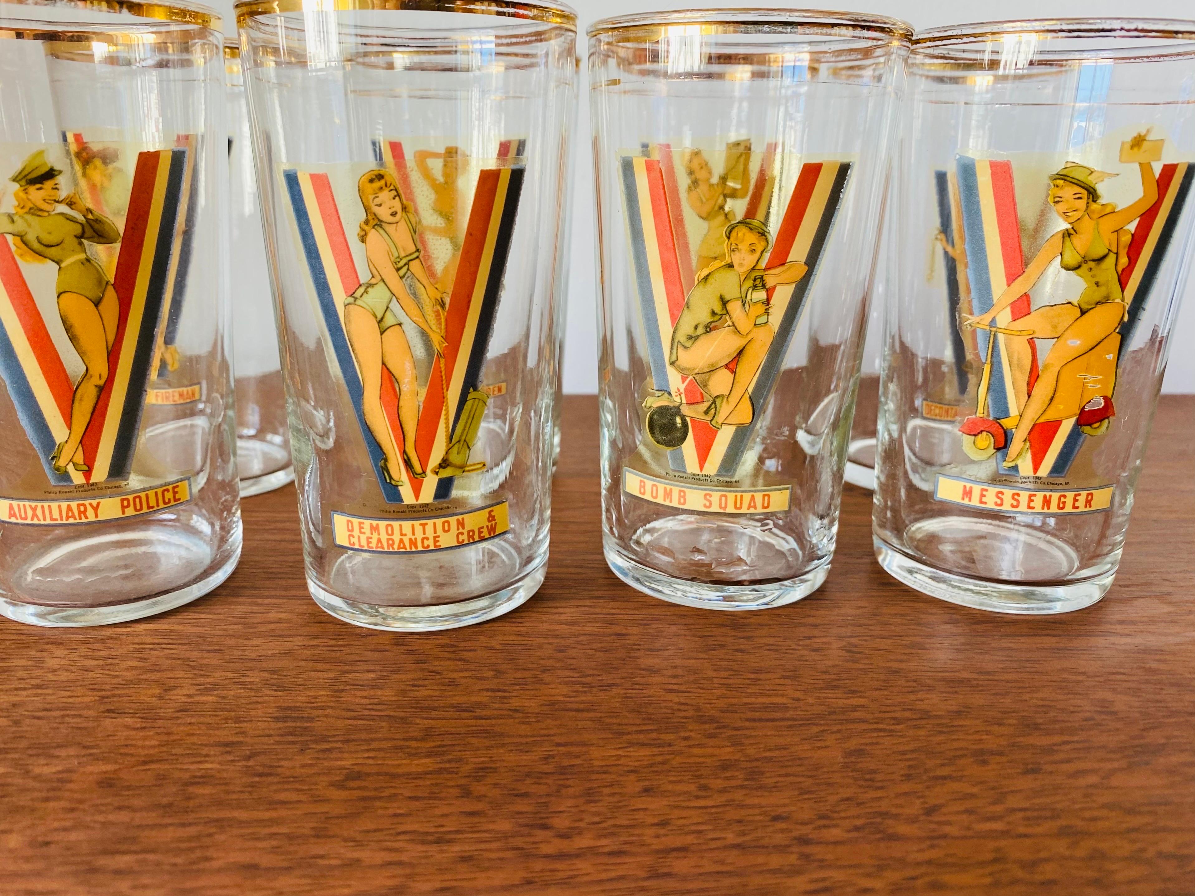 Mid-20th Century Vintage USA WWII Pinup Girl Victory Drinking Glasses (1942 Set of 8) For Sale