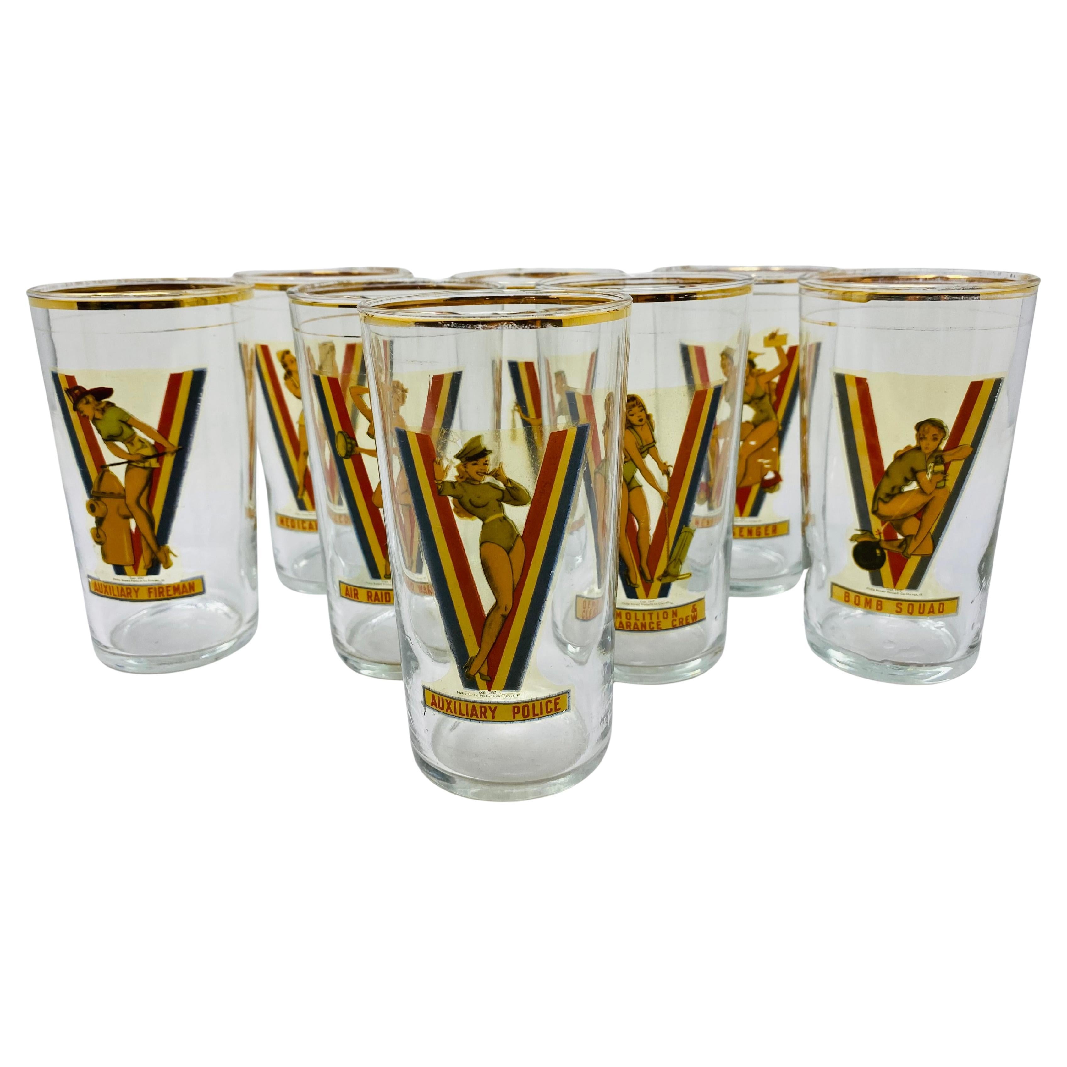 Vintage USA WWII Pinup Girl Victory Drinking Glasses (1942 Set of 8) For Sale
