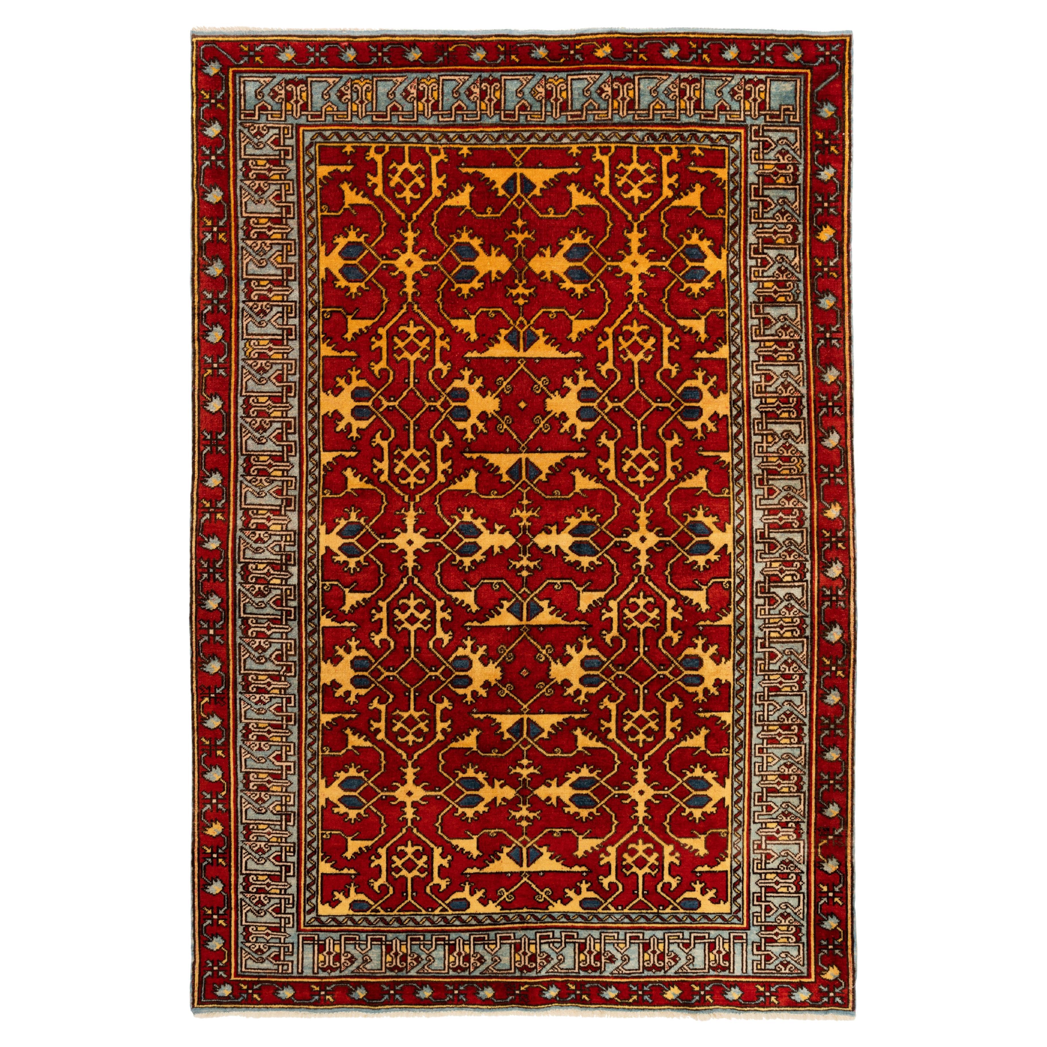 Vintage Ushak Lorenzo Lotto Carpet Oushak Turkish Revival Rug Natural Dyed For Sale