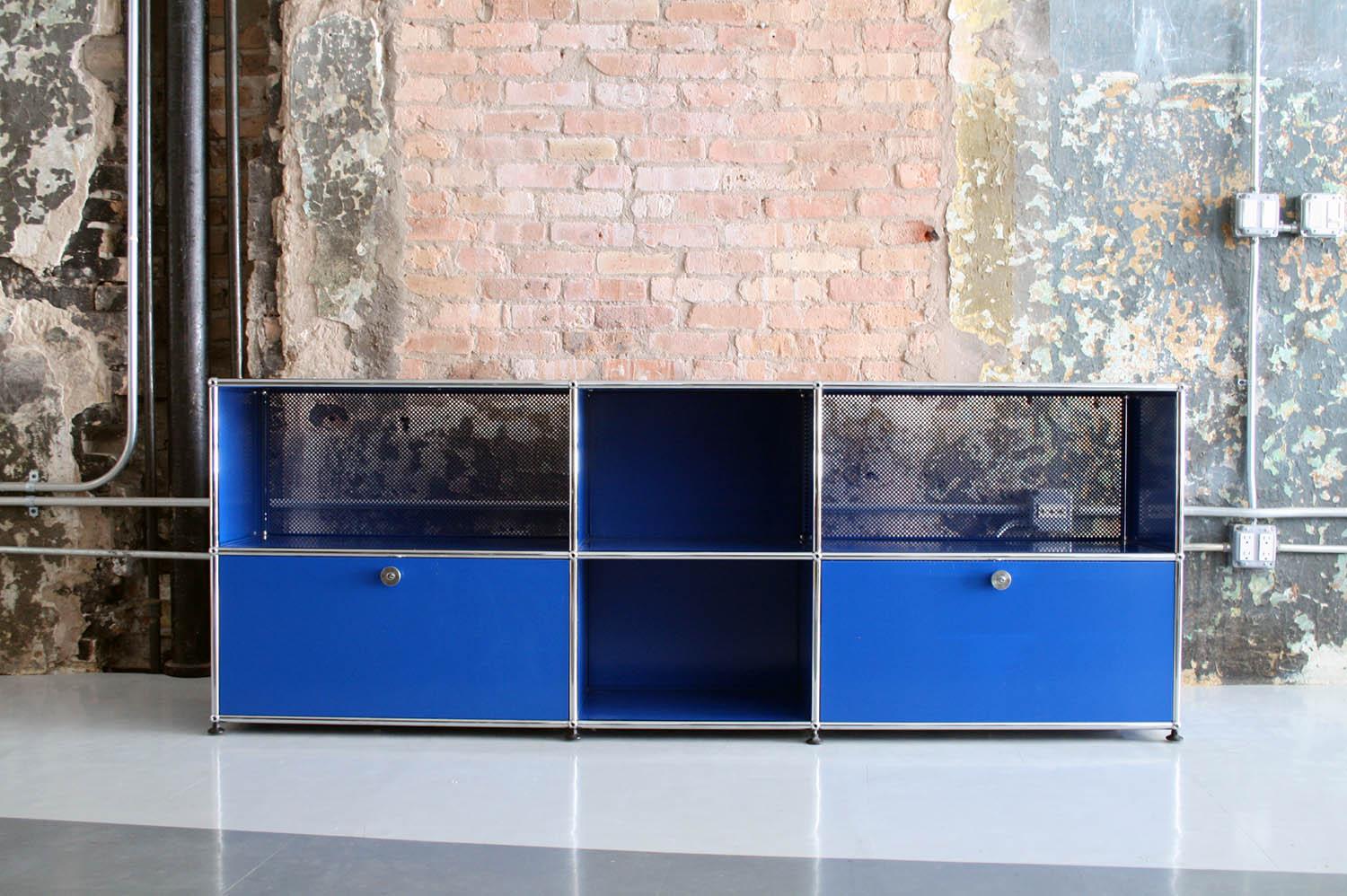 Mid-Century Modern Vintage USM Haller Metal Media Cabinet in Blue Powder Coat 'with 2 Flap Doors'