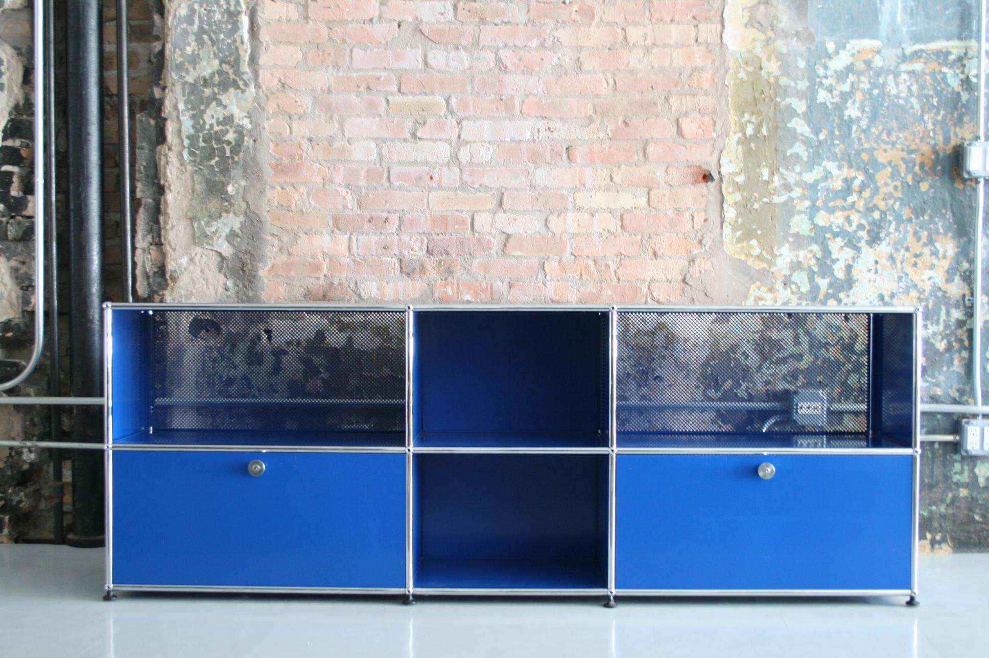 Swiss Vintage USM Haller Metal Media Cabinet in Blue Powder Coat 'with 2 Flap Doors'