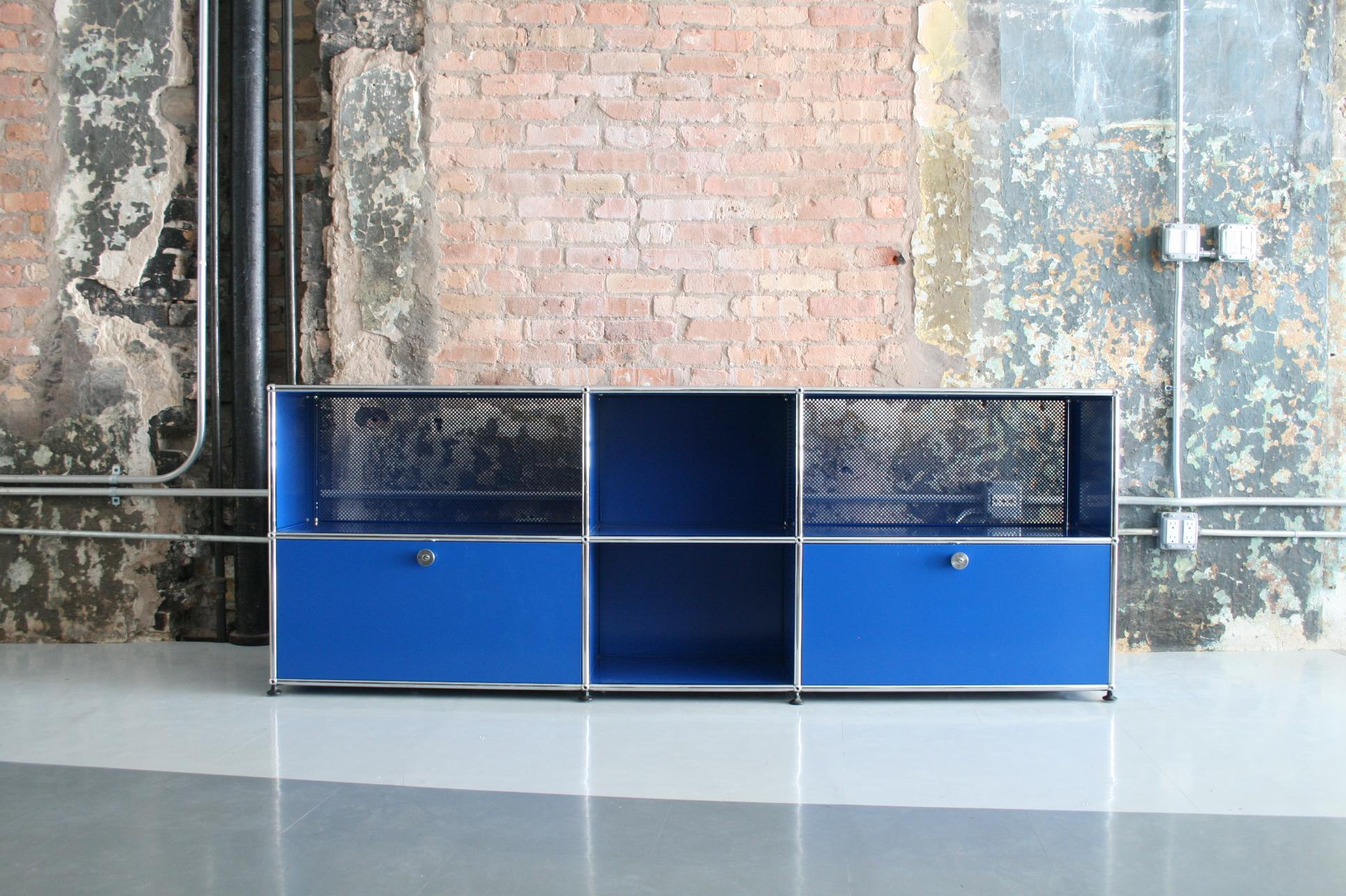 Powder-Coated Vintage USM Haller Metal Media Cabinet in Blue Powder Coat 'with 2 Flap Doors'