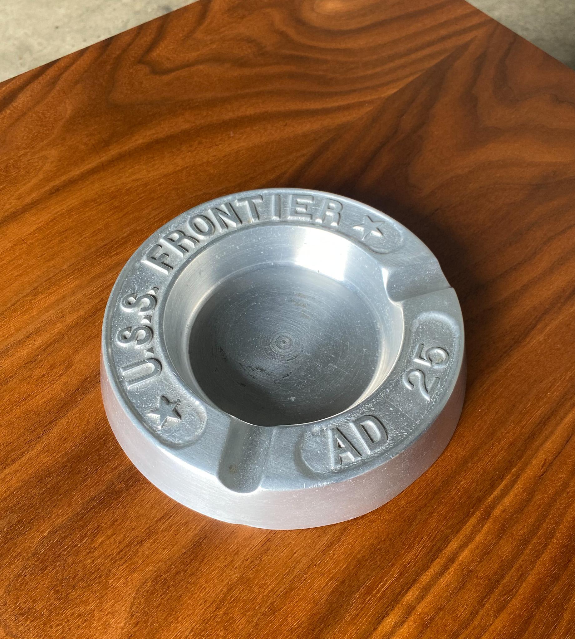 Mid-Century Modern Vintage U.S.S Frontier AD 25 Destroyer Aluminum US Navy Ashtray  For Sale
