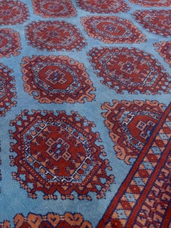 Vintage Uzbek Bukhara Rug • Sky Blue Handmade Merino Wool Carpet (10x13)