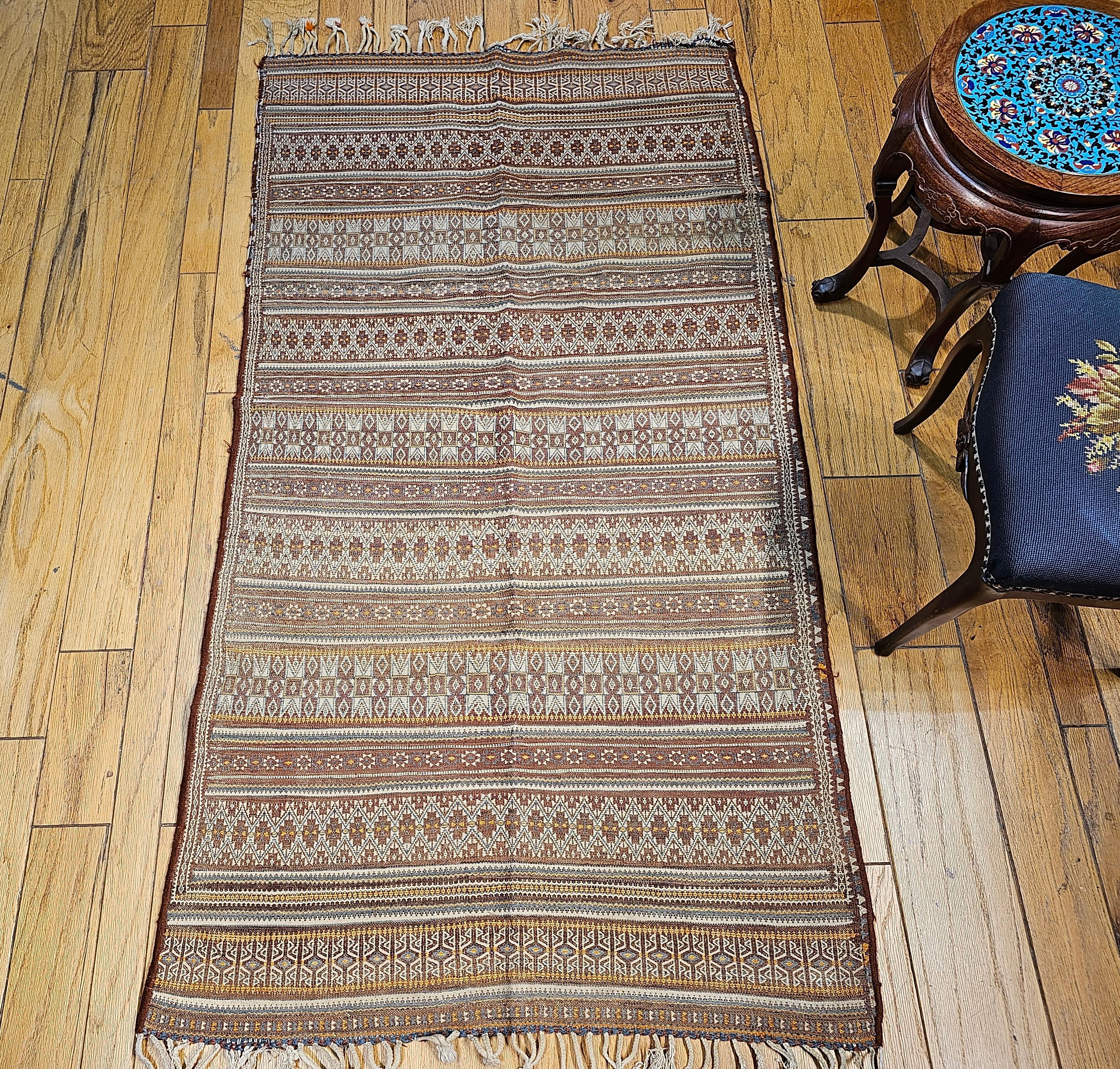 Vintage Uzbek Flat Woven Kilim in Brown, Gold, Ivory, Blue, Burgundy, Lavender For Sale 6