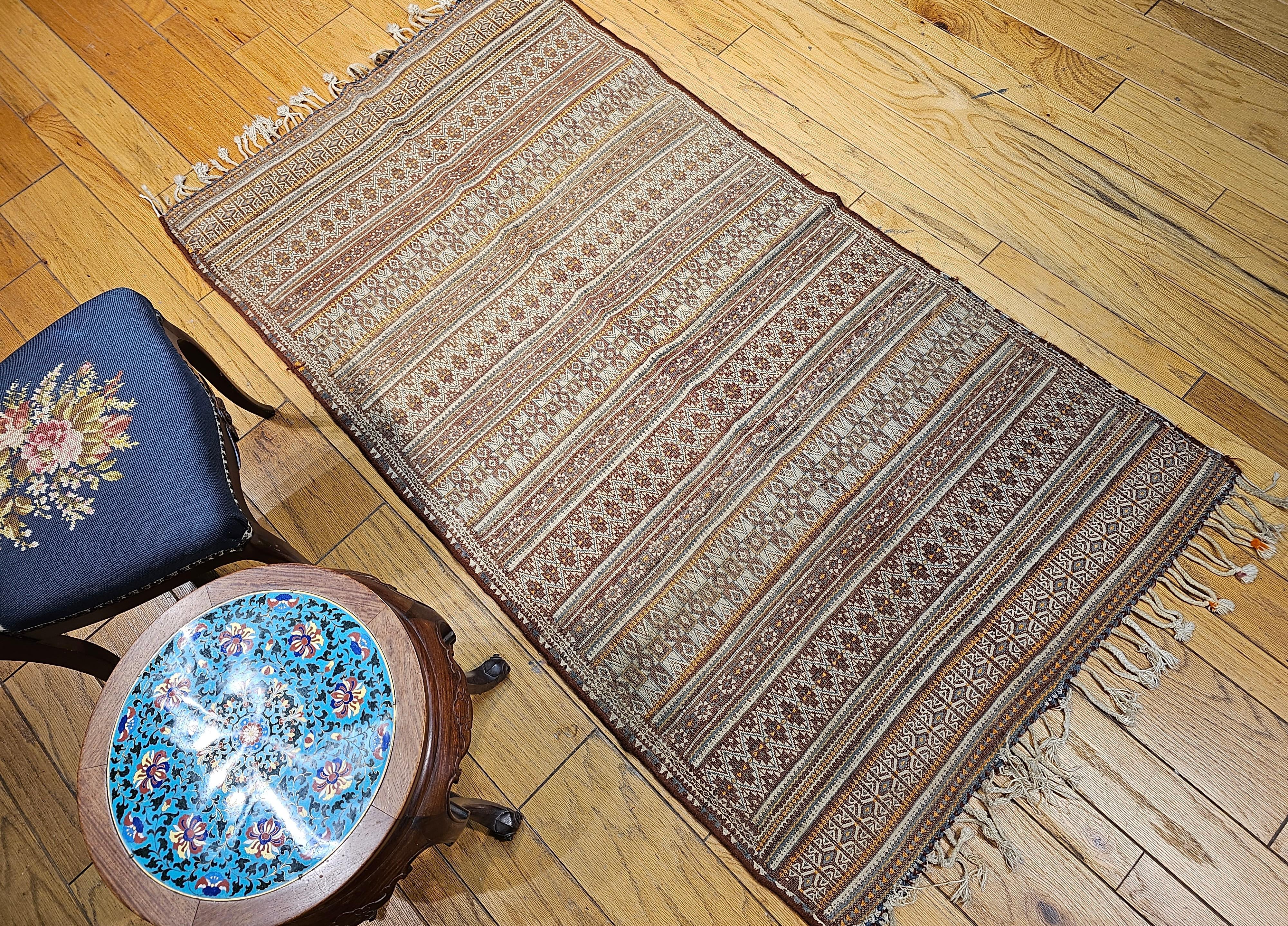 Vintage Uzbek Flat Woven Kilim in Brown, Gold, Ivory, Blue, Burgundy, Lavender For Sale 8