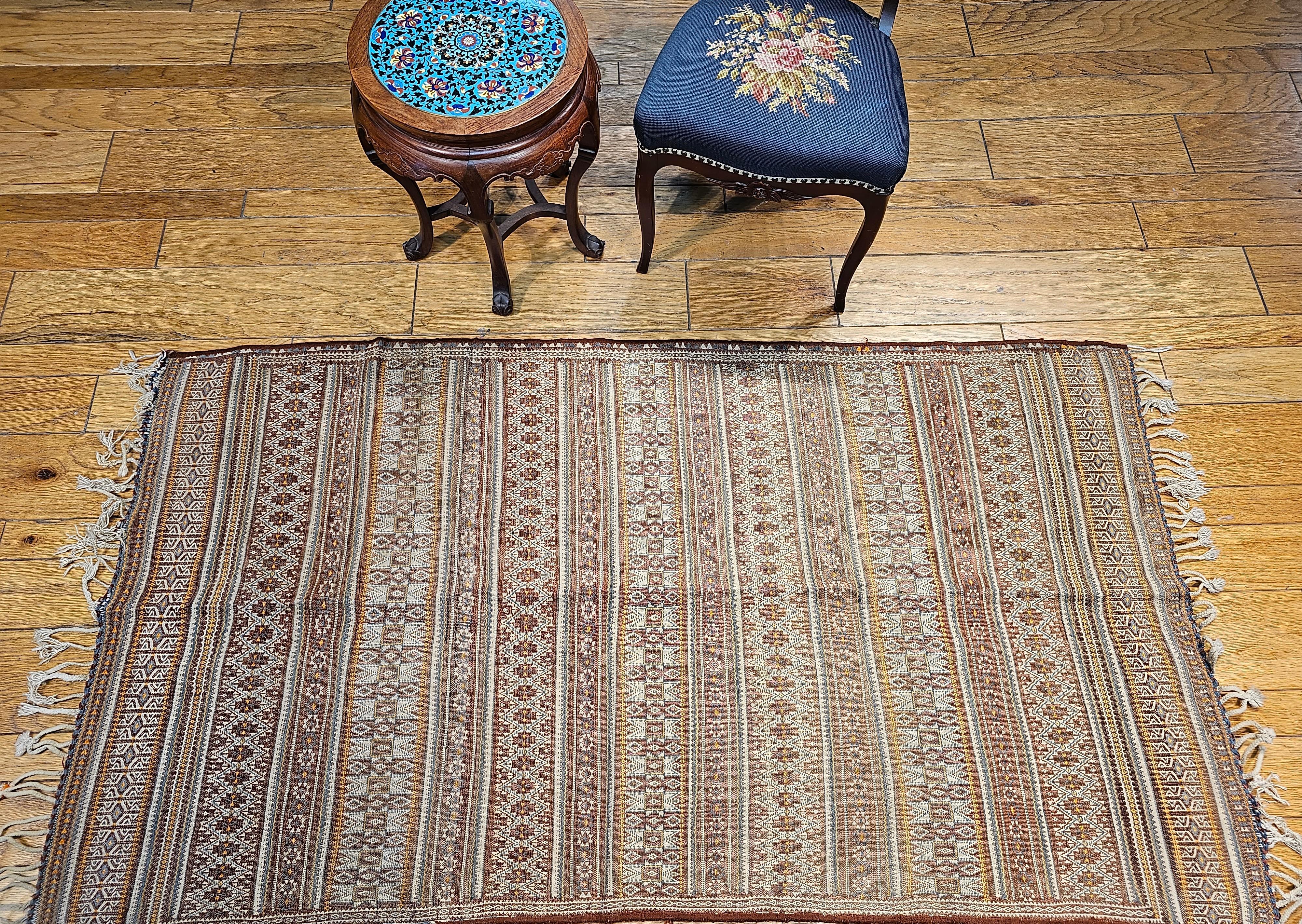 Vintage Uzbek Flat Woven Kilim in Brown, Gold, Ivory, Blue, Burgundy, Lavender For Sale 9