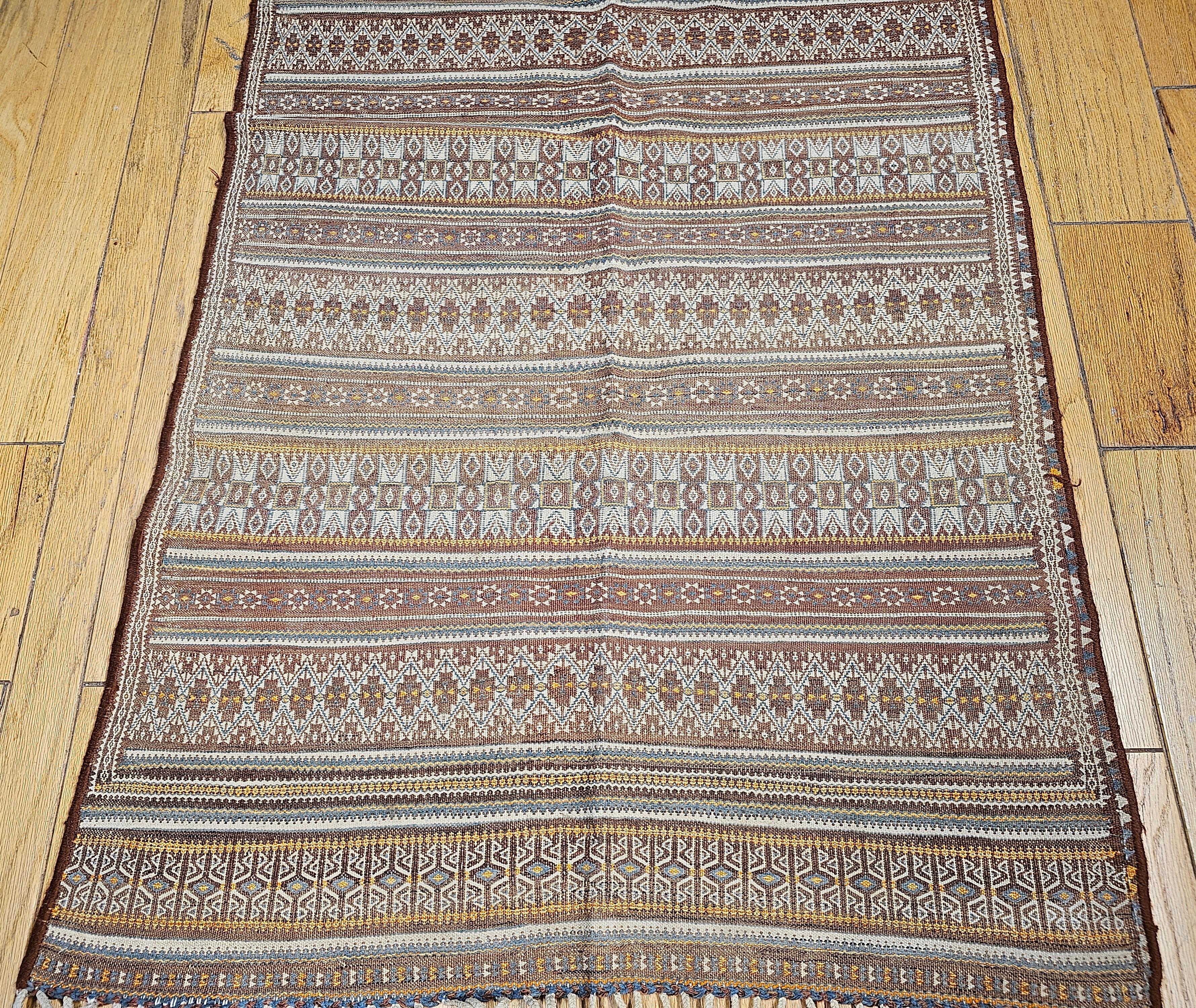 Hand-Woven Vintage Uzbek Flat Woven Kilim in Brown, Gold, Ivory, Blue, Burgundy, Lavender For Sale