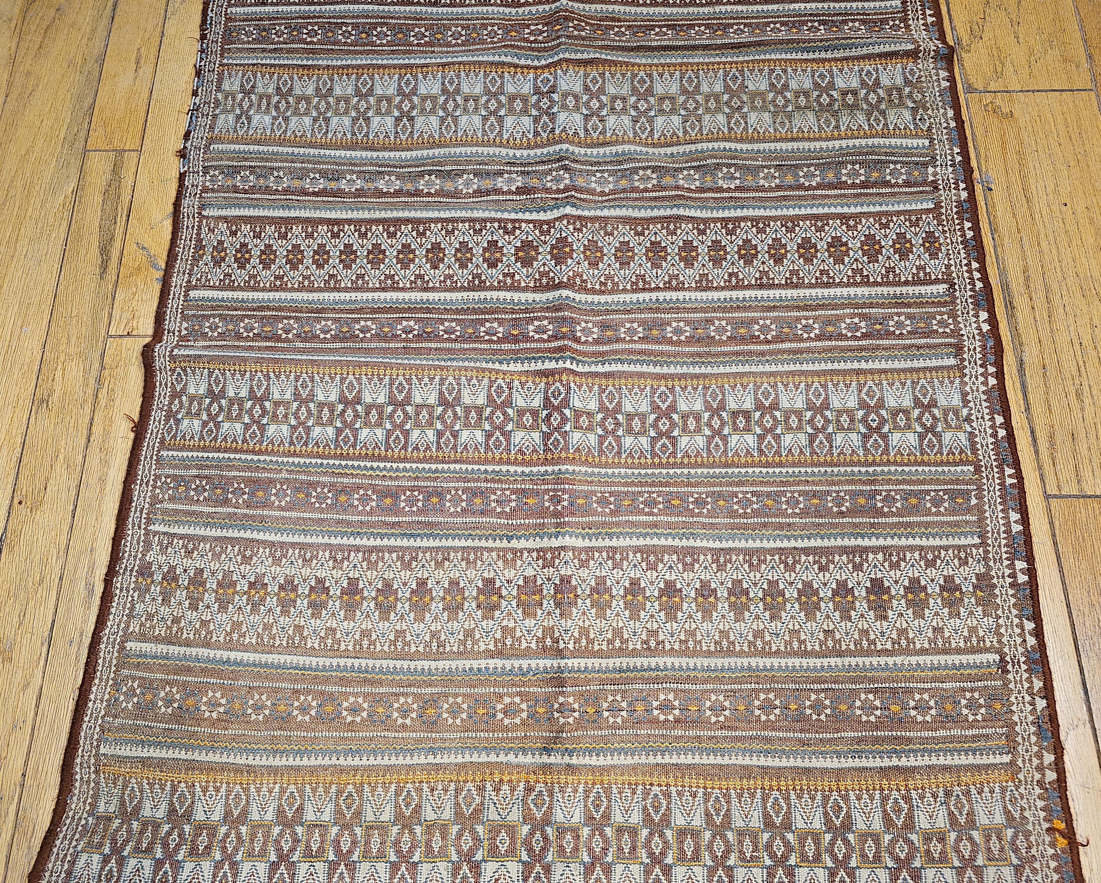 Vintage Uzbek Flat Woven Kilim in Brown, Gold, Ivory, Blue, Burgundy, Lavender In Good Condition For Sale In Barrington, IL
