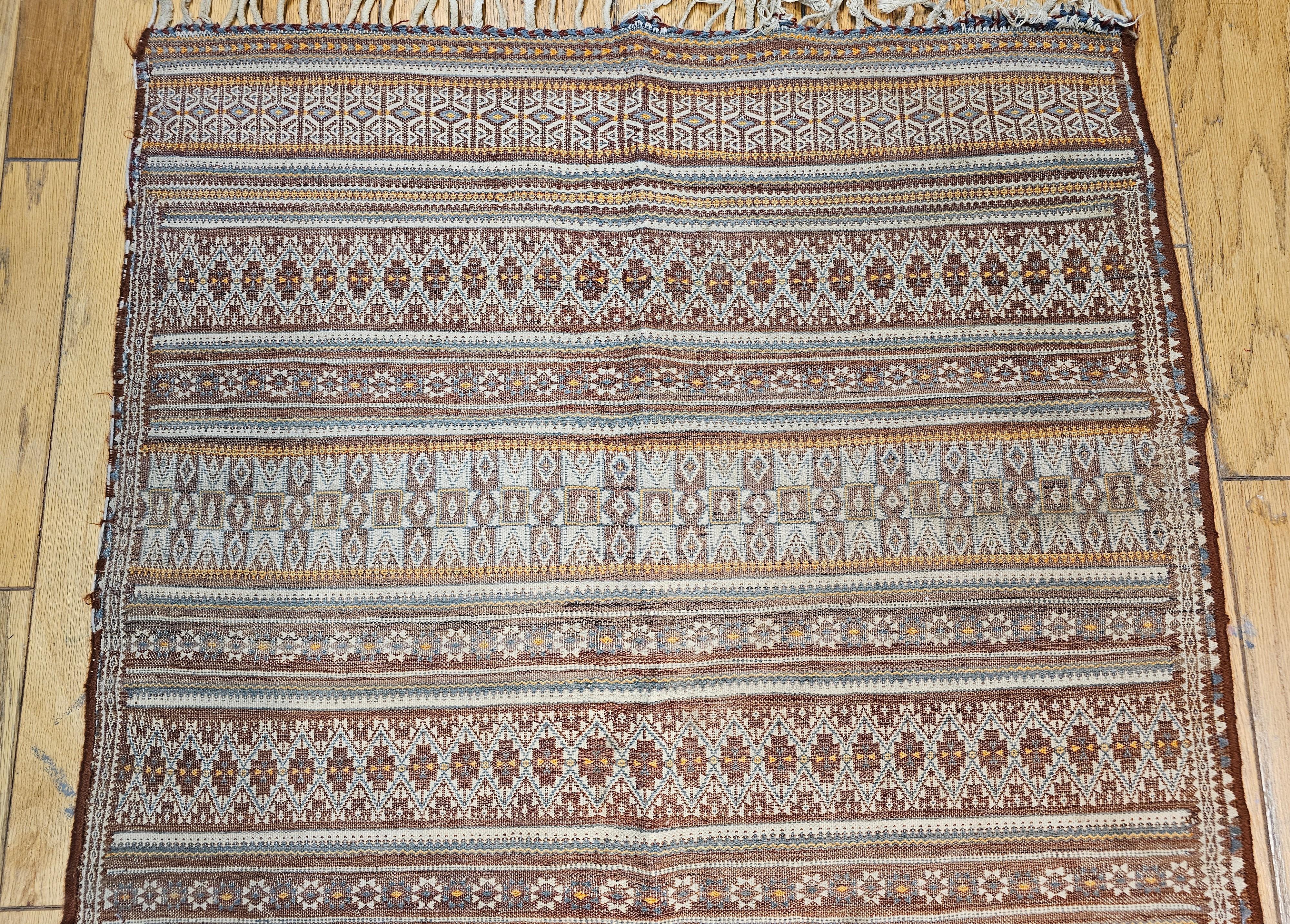 20th Century Vintage Uzbek Flat Woven Kilim in Brown, Gold, Ivory, Blue, Burgundy, Lavender For Sale
