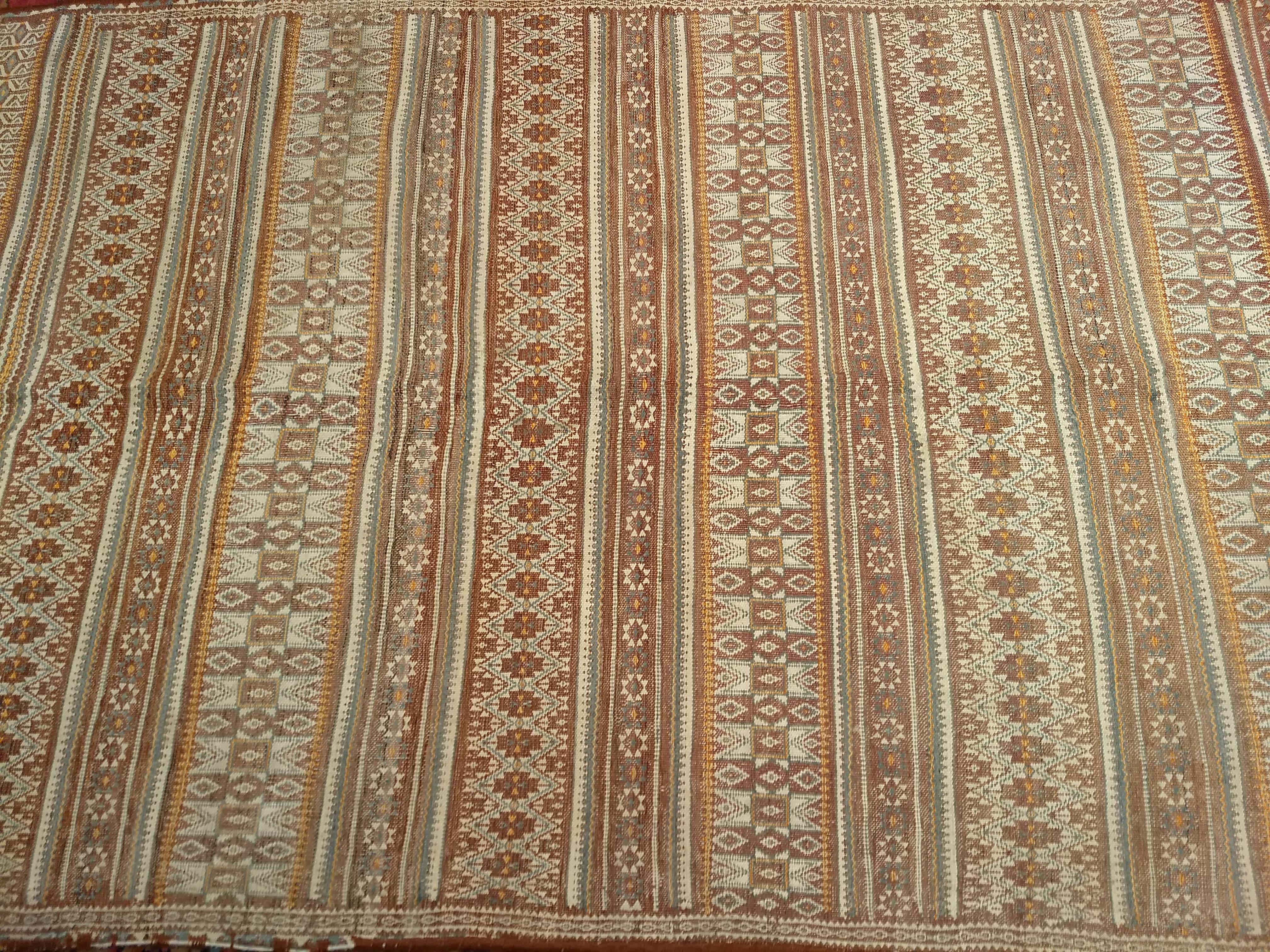 Wool Vintage Uzbek Flat Woven Kilim in Brown, Gold, Ivory, Blue, Burgundy, Lavender For Sale