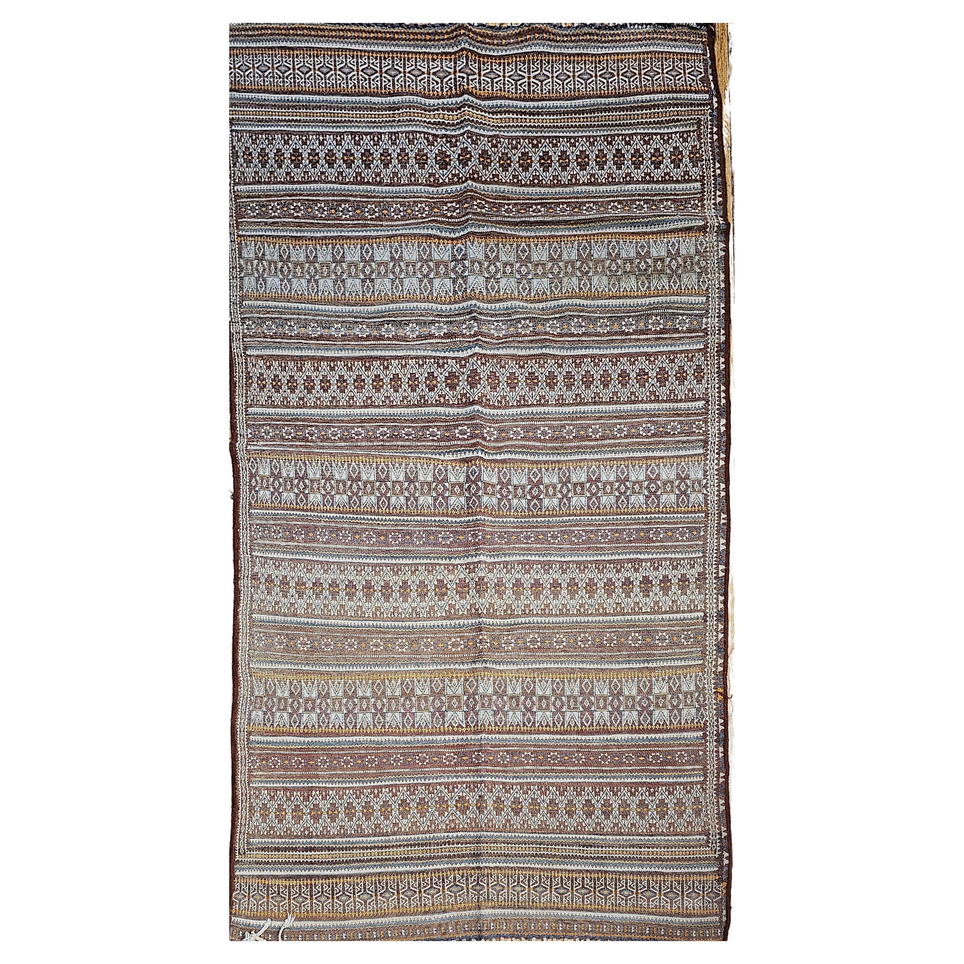 Vintage Uzbek Flat Woven Kilim in Brown, Gold, Ivory, Blue, Burgundy, Lavender