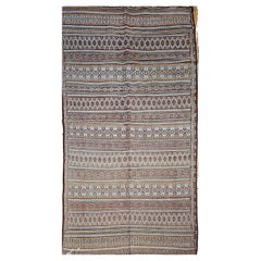 Antique Uzbek Flat Woven Kilim in Brown, Gold, Ivory, Blue, Burgundy, Lavender