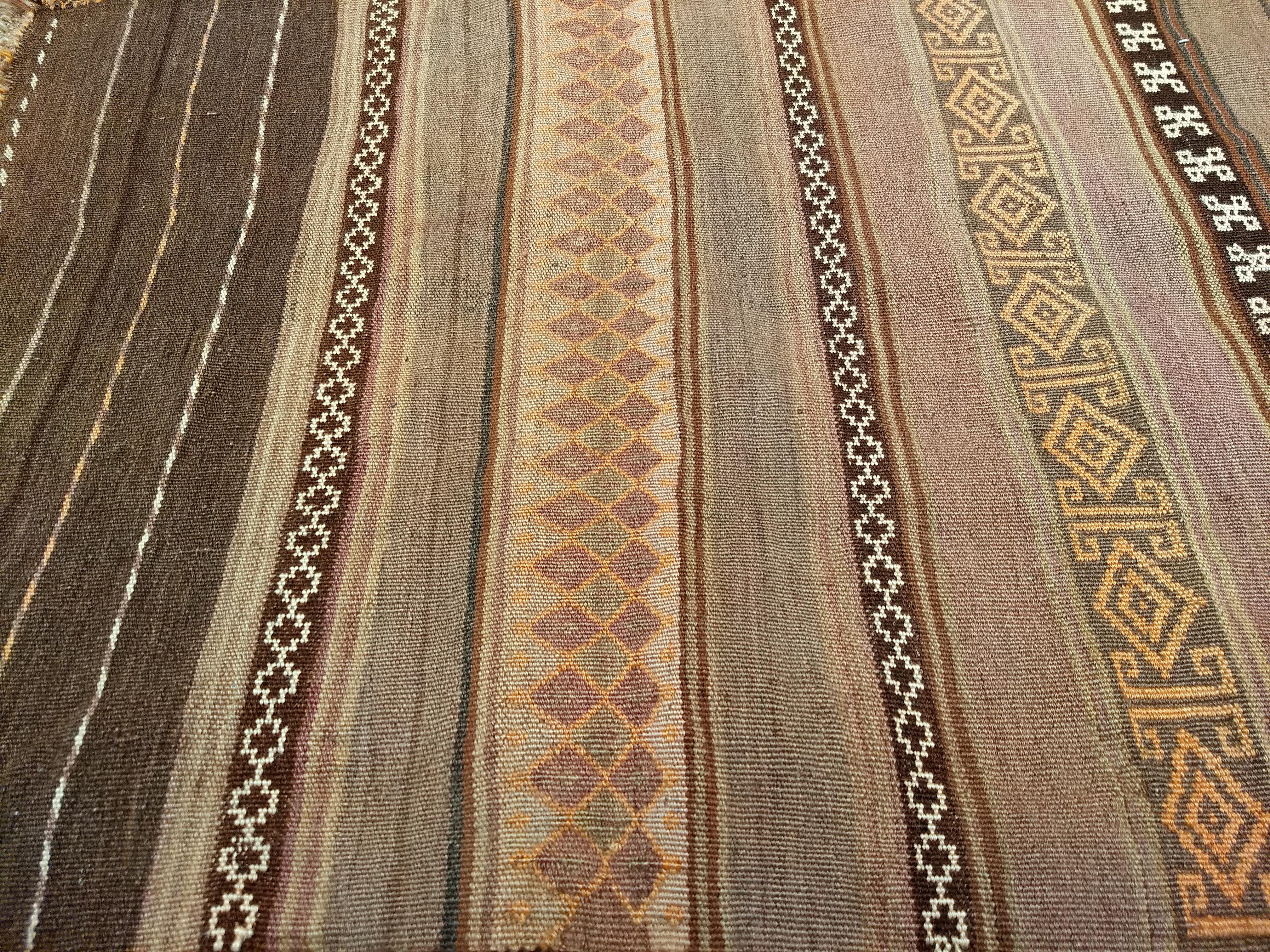 Vintage Uzbek Flat Woven Soumak Kilim in Brown, Gold, Ivory, Lavender For Sale 4