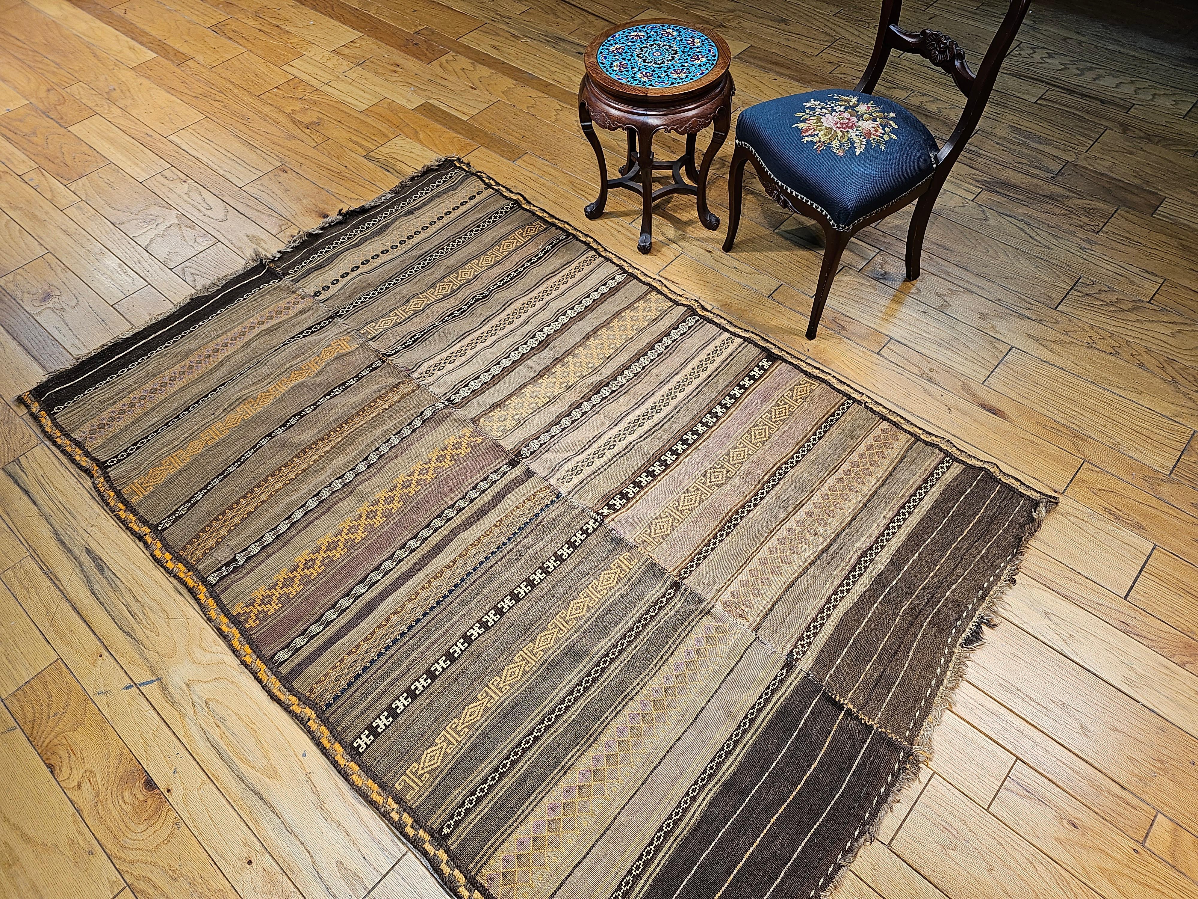 Vintage Uzbek Flat Woven Soumak Kilim in Brown, Gold, Ivory, Lavender For Sale 6