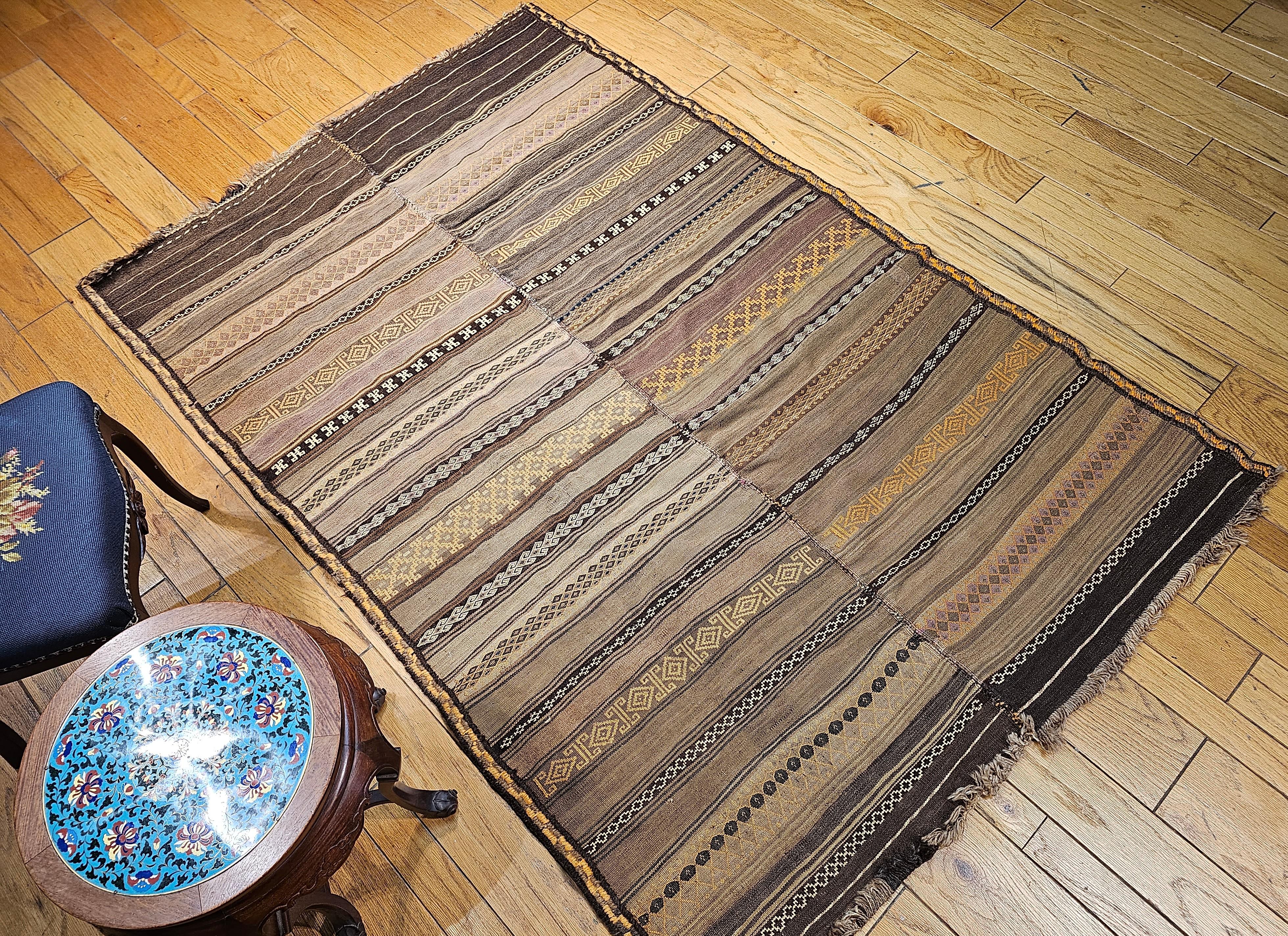 Vintage Uzbek Flat Woven Soumak Kilim in Brown, Gold, Ivory, Lavender For Sale 9
