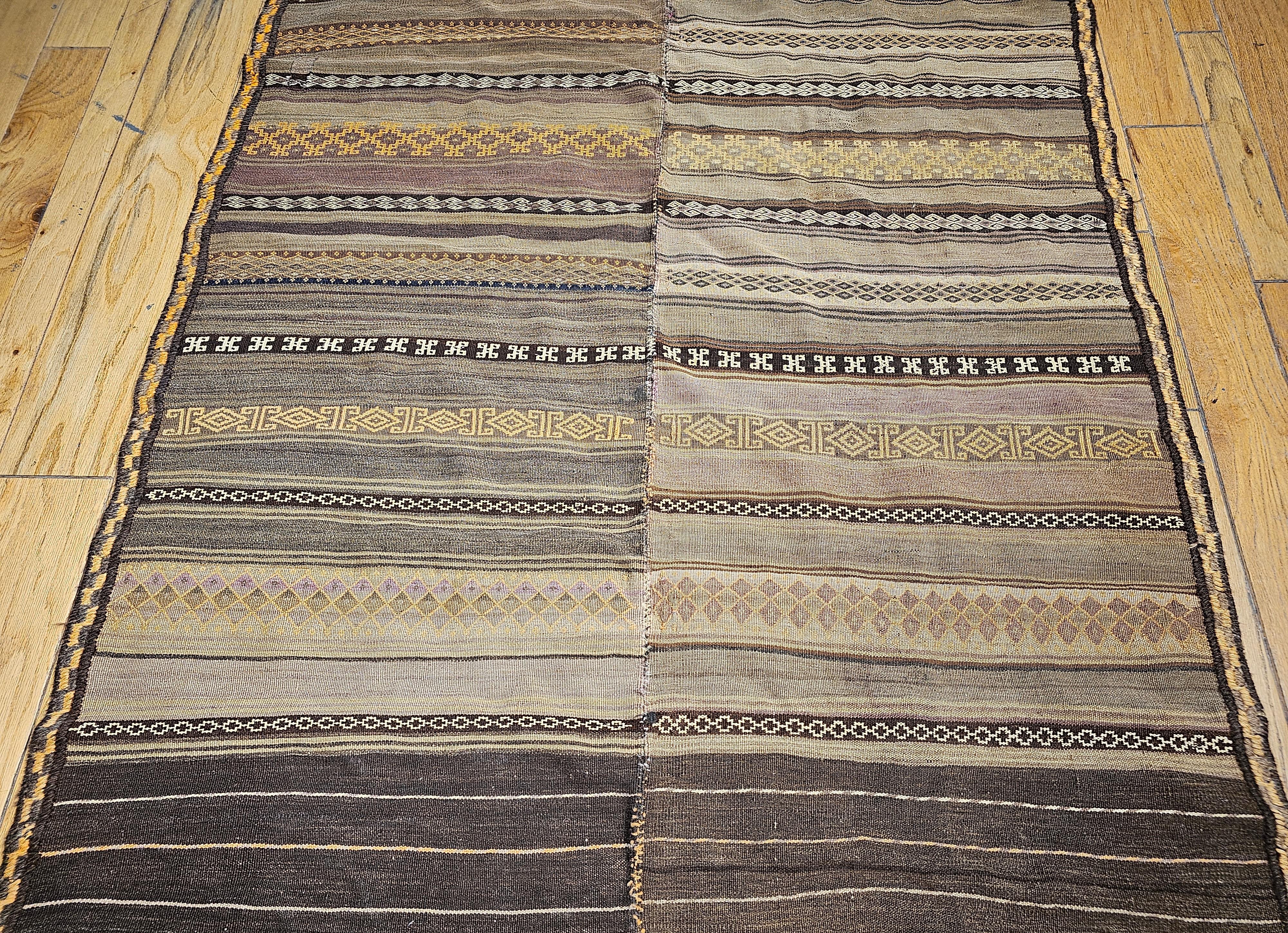 Hand-Woven Vintage Uzbek Flat Woven Soumak Kilim in Brown, Gold, Ivory, Lavender For Sale