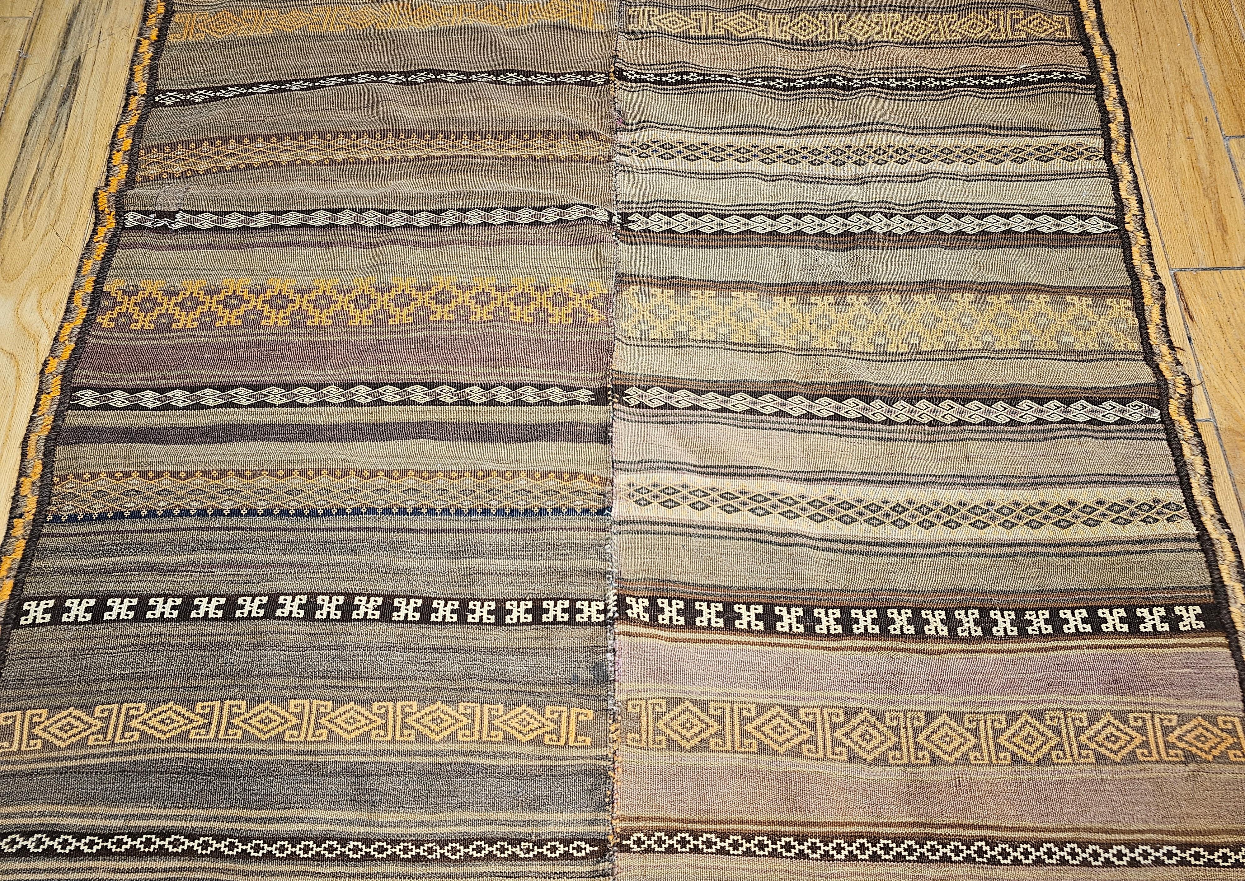 Vintage Uzbek Flat Woven Soumak Kilim in Brown, Gold, Ivory, Lavender In Good Condition For Sale In Barrington, IL
