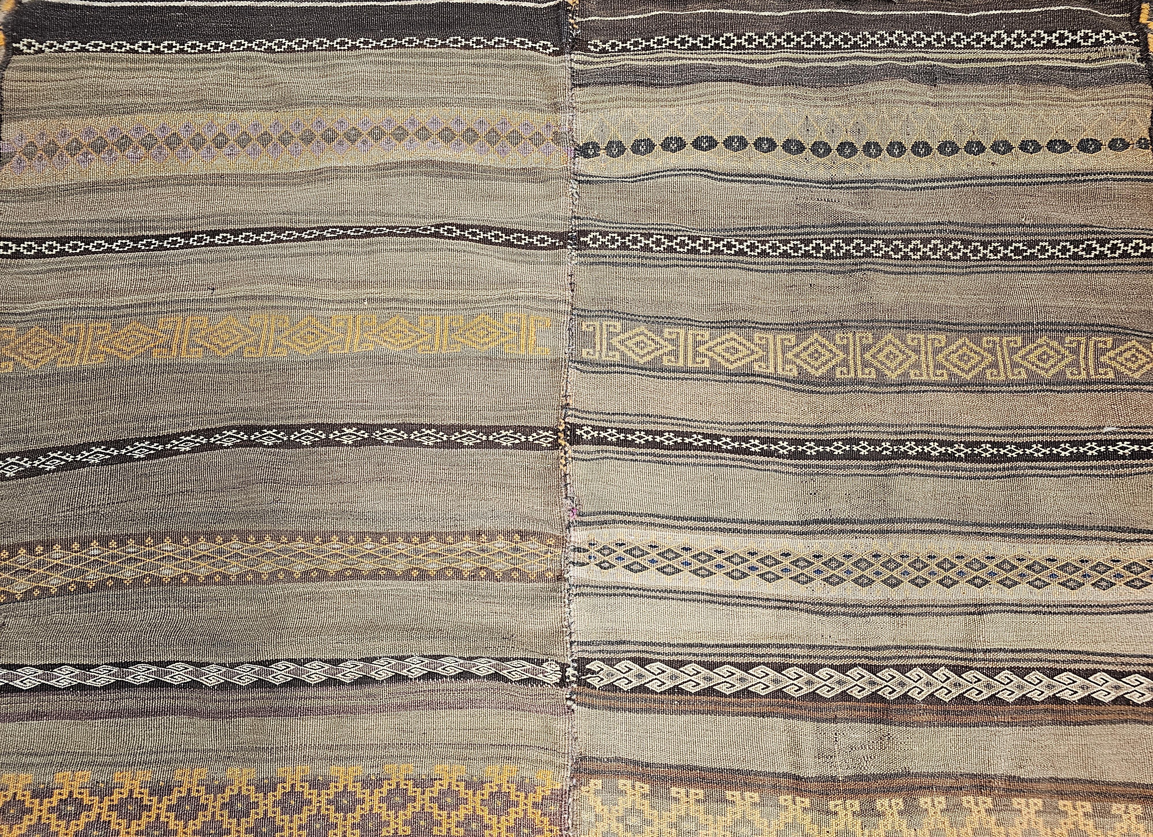 20th Century Vintage Uzbek Flat Woven Soumak Kilim in Brown, Gold, Ivory, Lavender For Sale