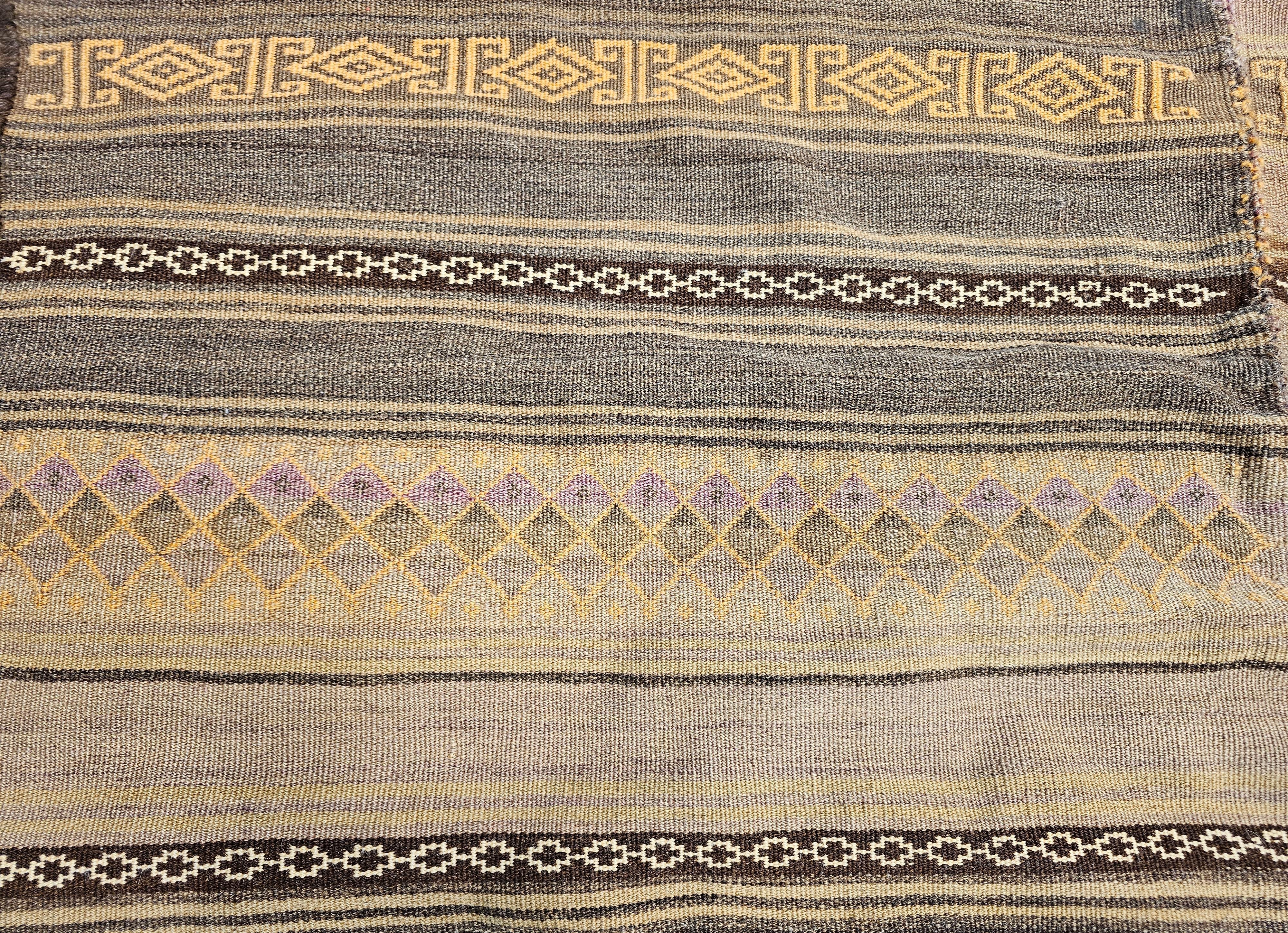 Wool Vintage Uzbek Flat Woven Soumak Kilim in Brown, Gold, Ivory, Lavender For Sale