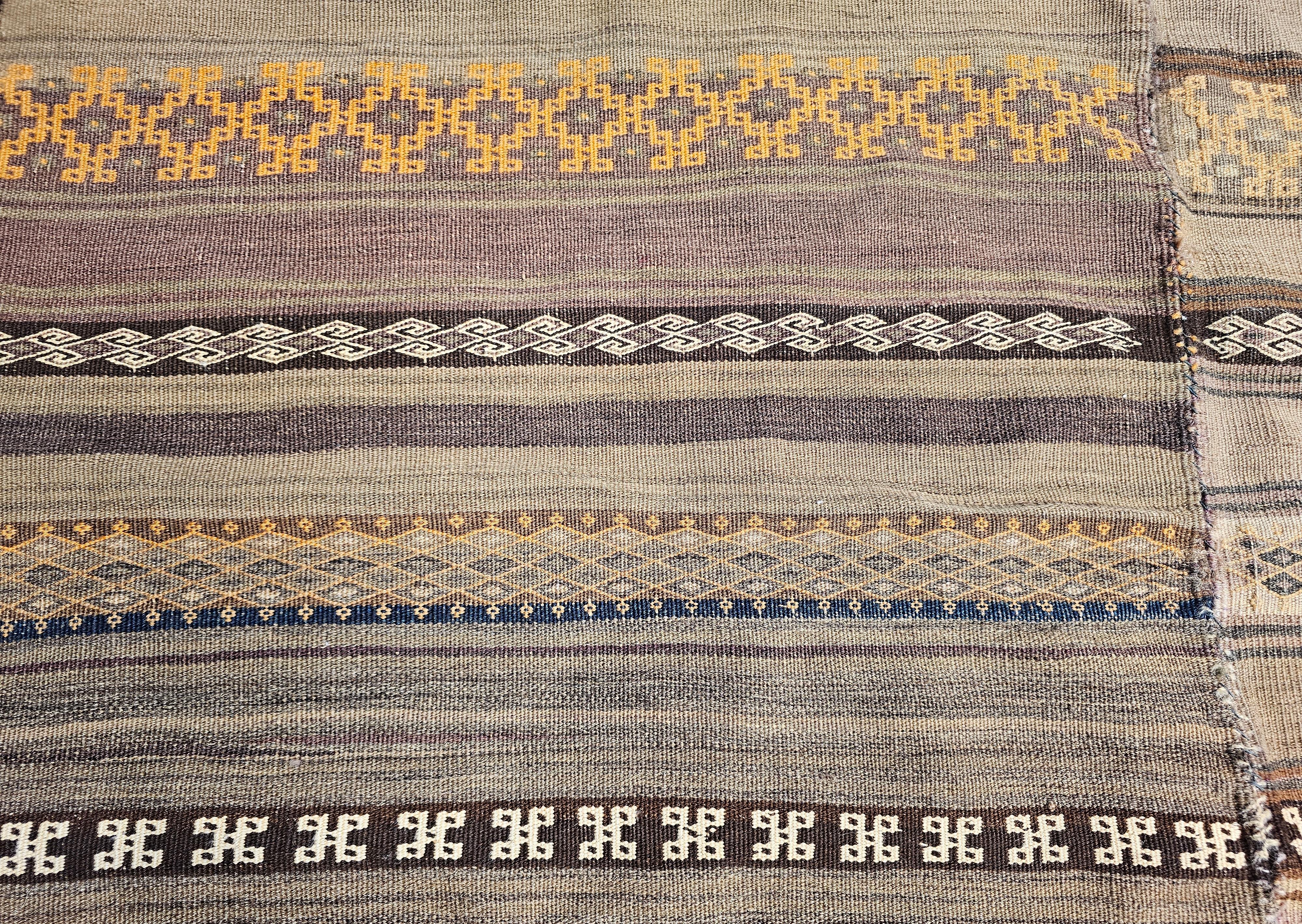Vintage Uzbek Flat Woven Soumak Kilim in Brown, Gold, Ivory, Lavender For Sale 1