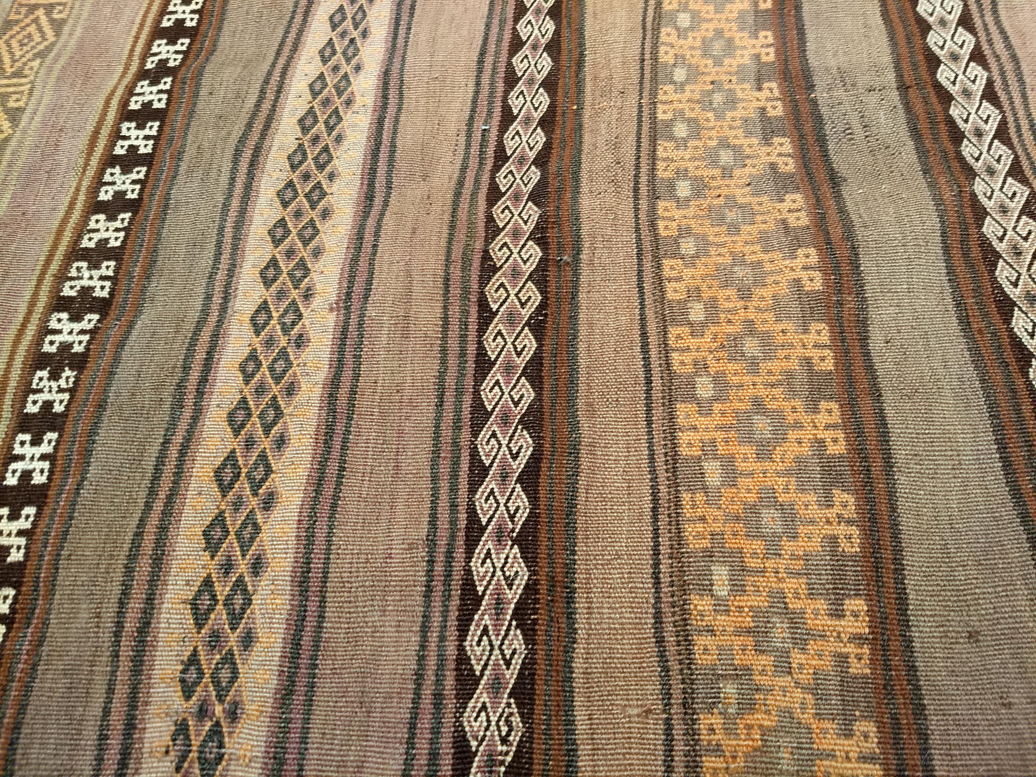 Vintage Uzbek Flat Woven Soumak Kilim in Brown, Gold, Ivory, Lavender For Sale 3
