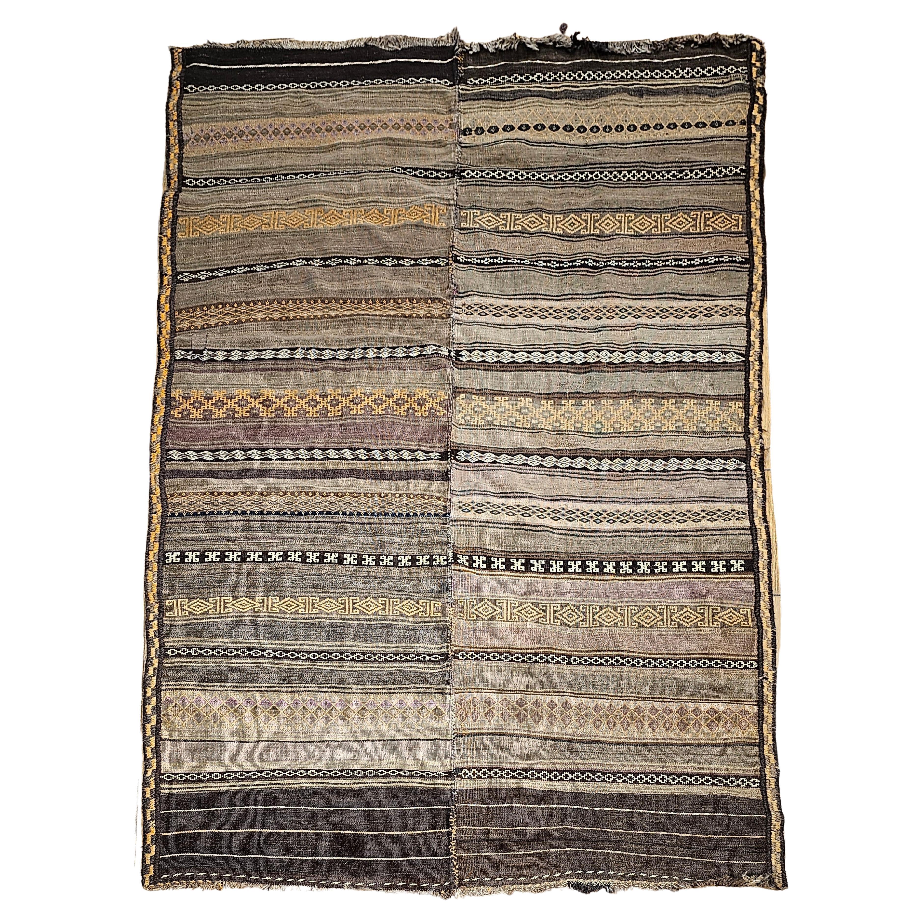 Vintage Uzbek Flat Woven Soumak Kilim in Brown, Gold, Ivory, Lavender For Sale