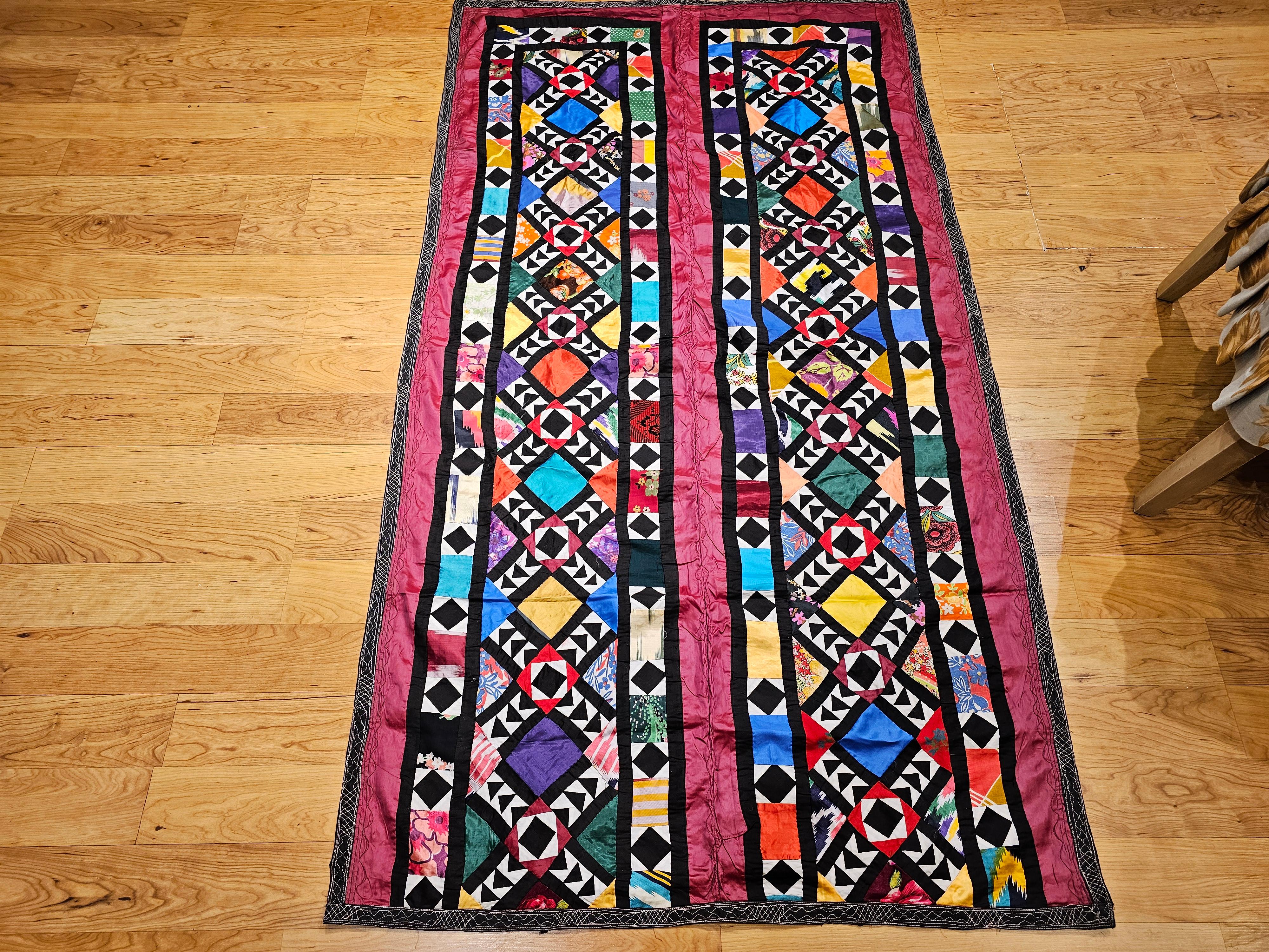 Vintage Uzbek Hand Stitched Silk Quilt in Red, Turquoise, Ivory, Black, Green For Sale 5