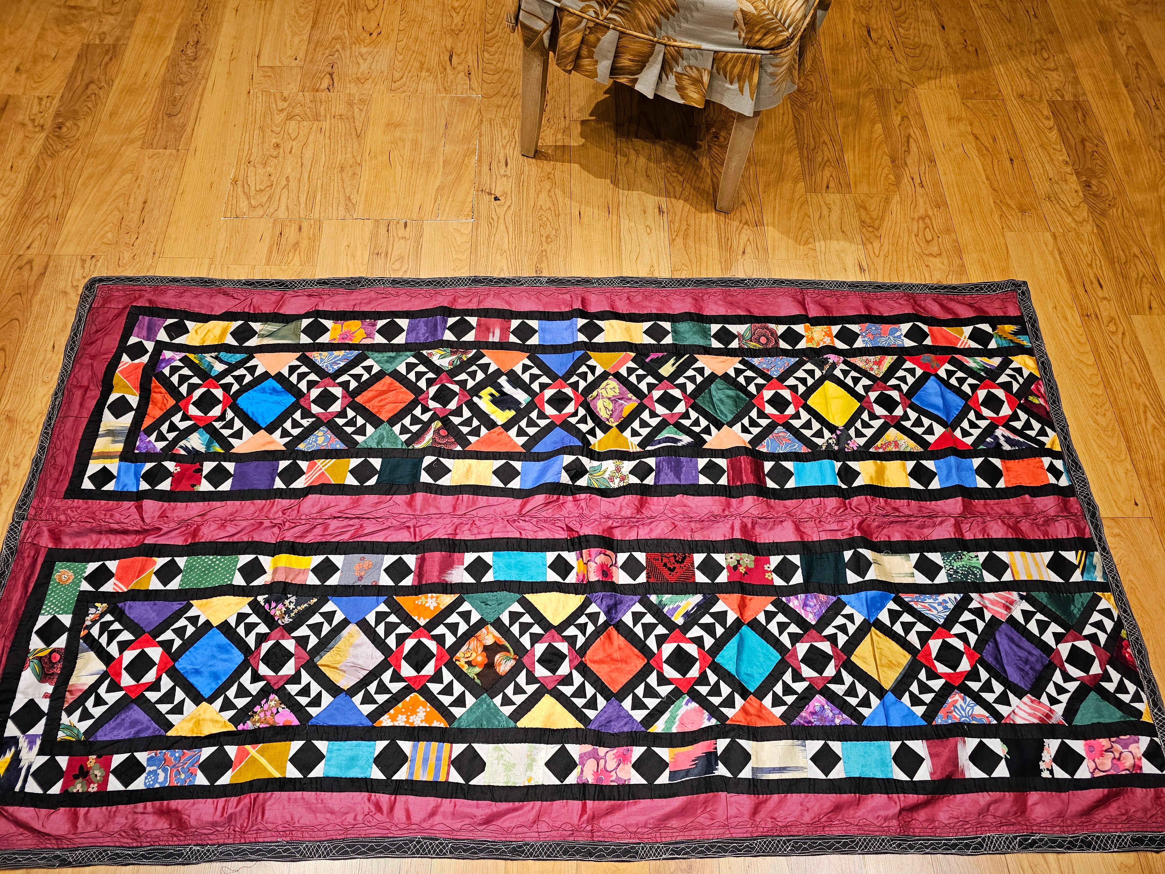 Vintage Uzbek Hand Stitched Silk Quilt in Red, Turquoise, Ivory, Black, Green For Sale 8
