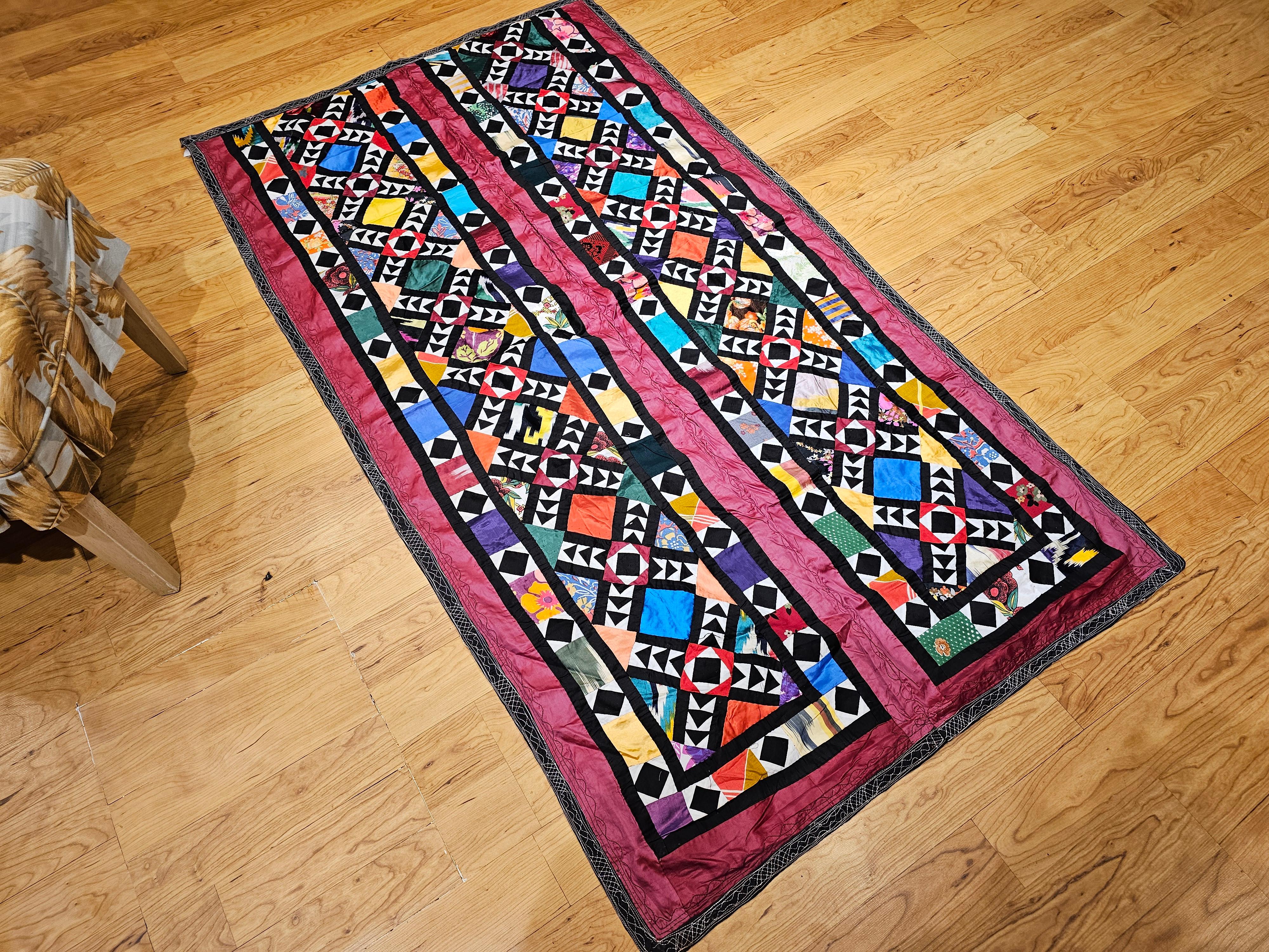 Vintage Uzbek Hand Stitched Silk Quilt in Red, Turquoise, Ivory, Black, Green For Sale 9