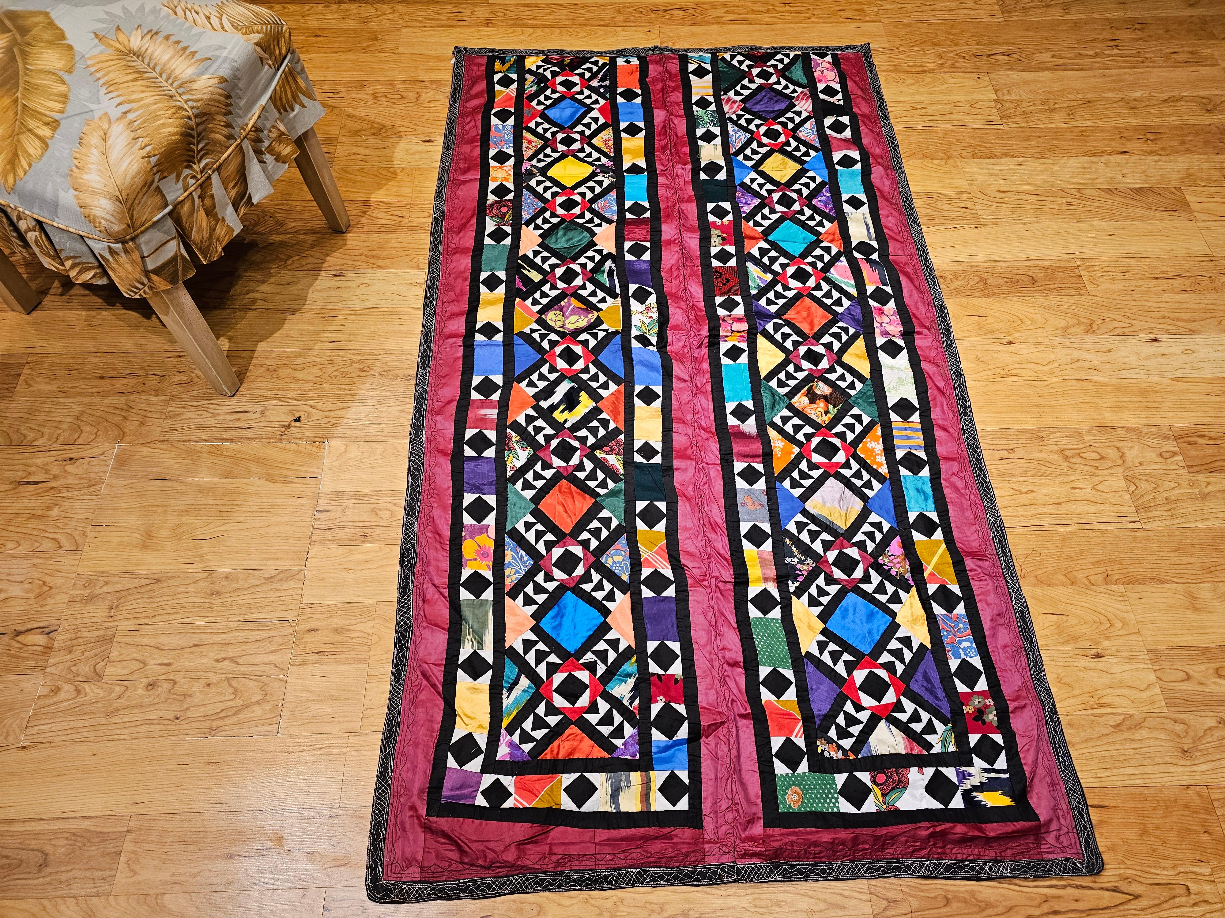 Vintage Uzbek Hand Stitched Silk Quilt in Red, Turquoise, Ivory, Black, Green For Sale 11