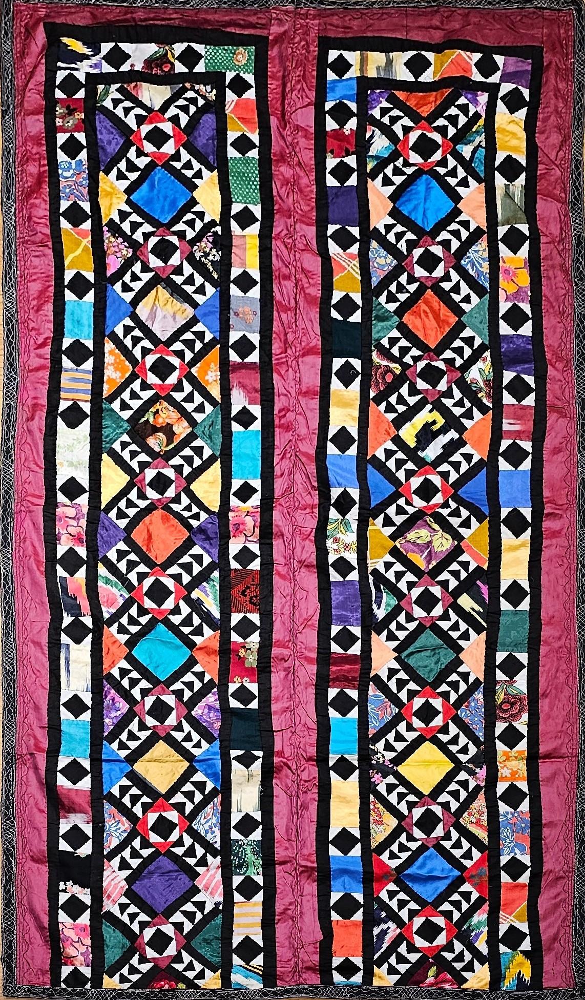 Vintage Uzbek Hand Stitch by Stitch en soie rouge, turquoise, ivoire, noir, vert en vente