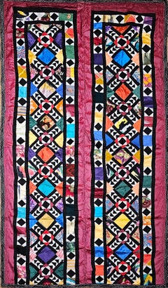 Vintage Uzbek Hand Stitched Silk Quilt in Red, Turquoise, Ivory, Black, Green