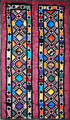 Vintage Uzbek Quilt, Hand-Stitched Silk, Geometric Pattern, Red & Turquoise