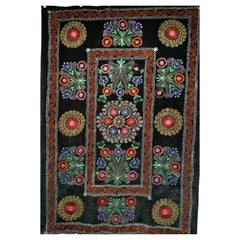 Retro Uzbek Silk Embroidery Suzani in Black, Red, Green, Ivory, Blue