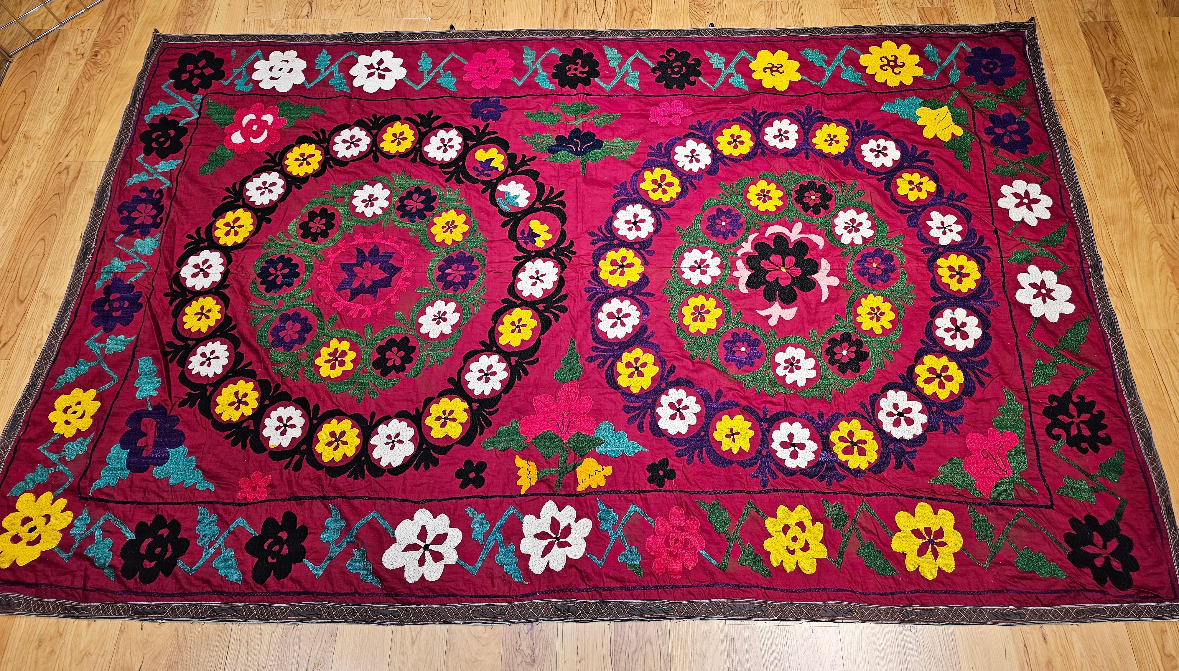 Vintage Uzbek Silk Embroidery Suzani in Crimson, Green, Ivory, Yellow, Purple For Sale 5