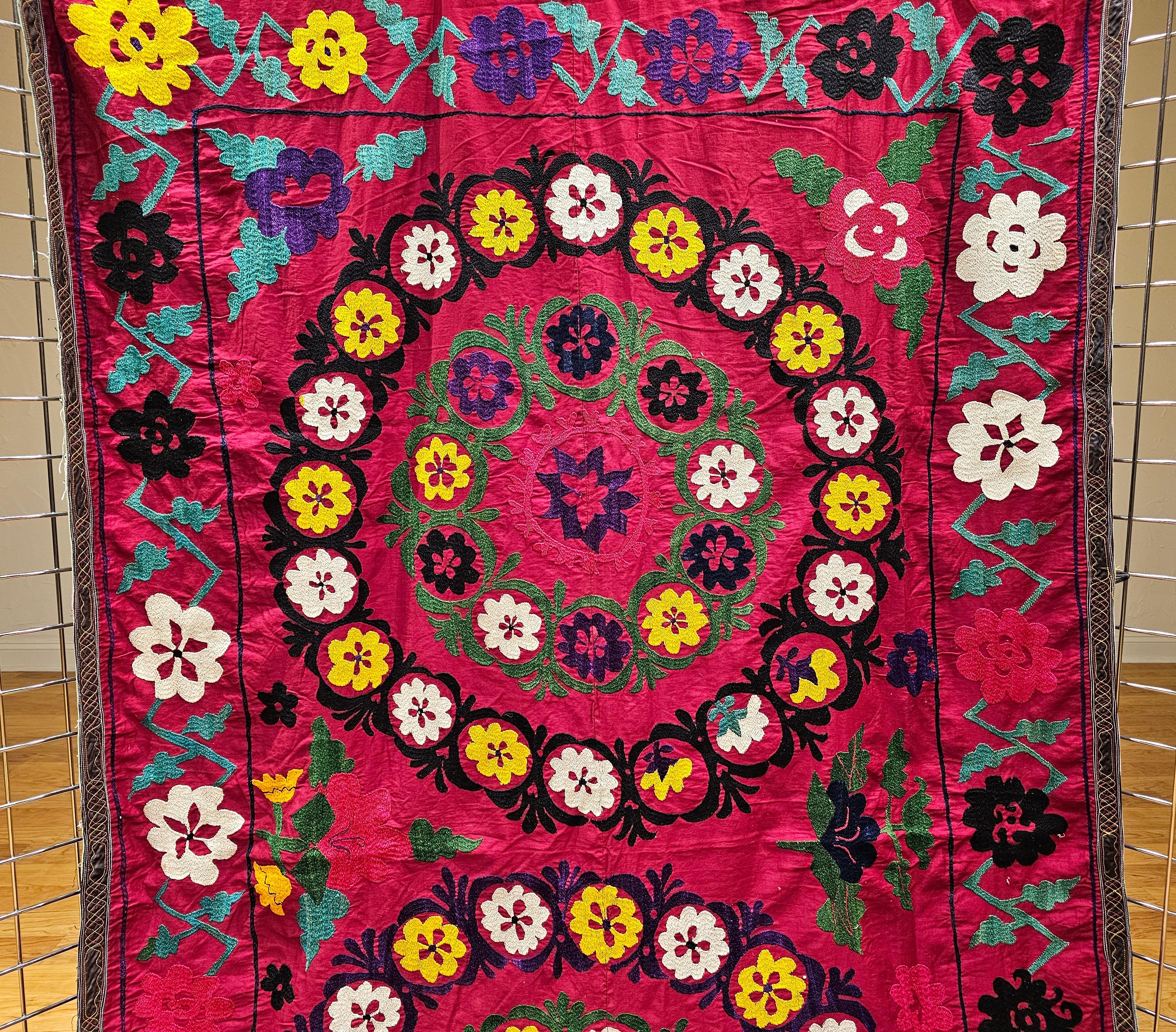 Hand-Crafted Vintage Uzbek Silk Embroidery Suzani in Crimson, Green, Ivory, Yellow, Purple For Sale