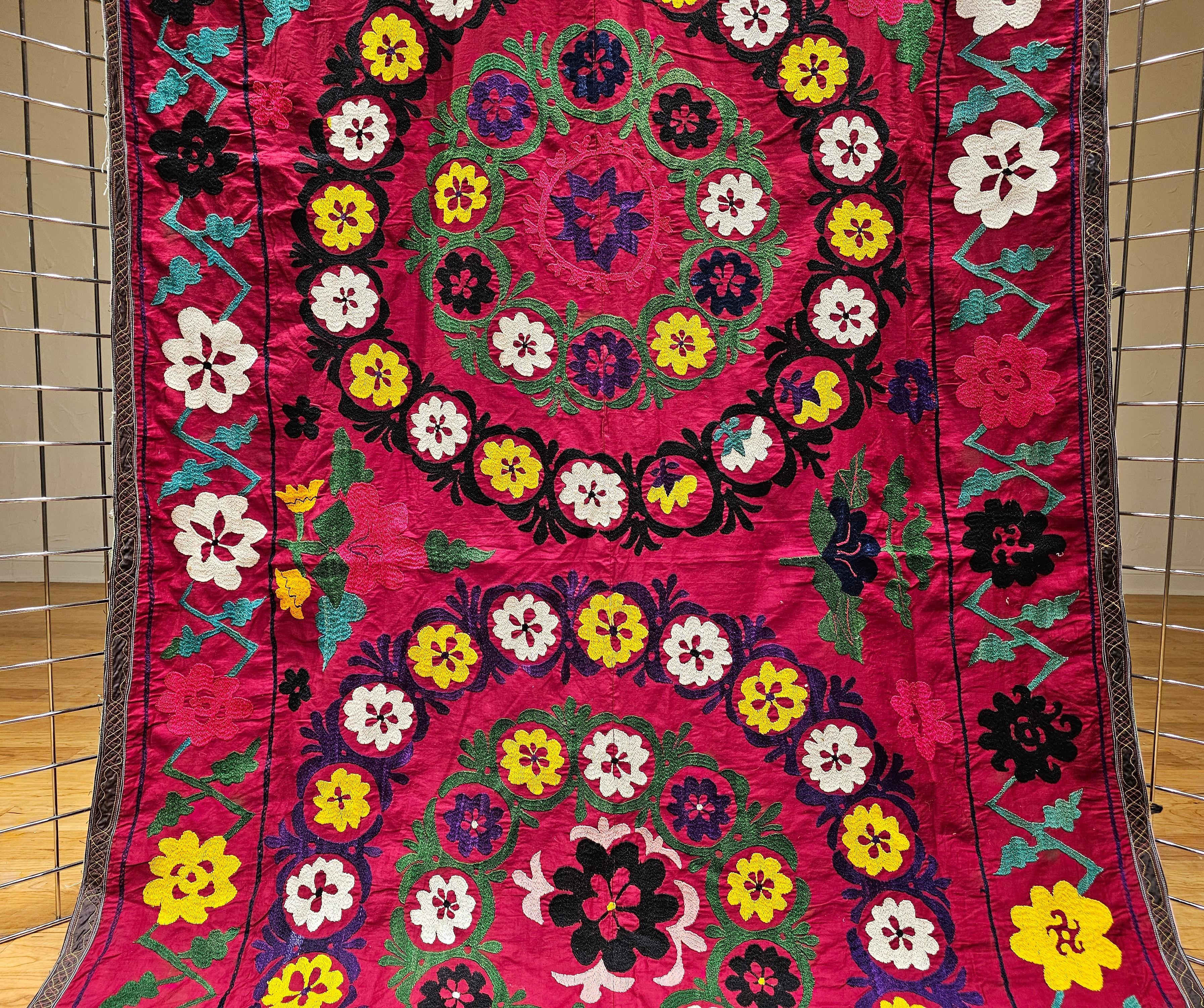 Vintage Uzbek Silk Embroidery Suzani in Crimson, Green, Ivory, Yellow, Purple In Good Condition For Sale In Barrington, IL