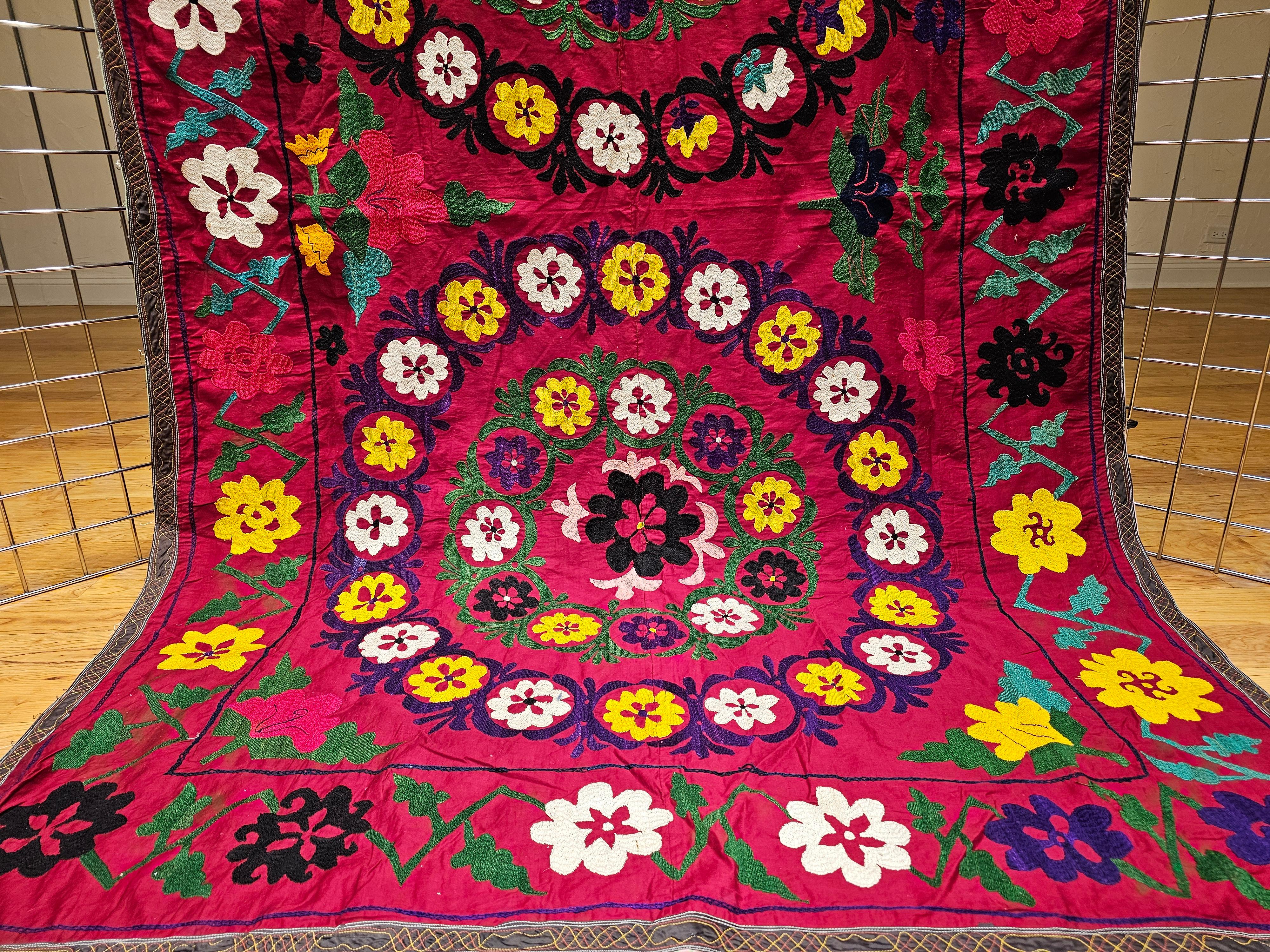 20th Century Vintage Uzbek Silk Embroidery Suzani in Crimson, Green, Ivory, Yellow, Purple For Sale