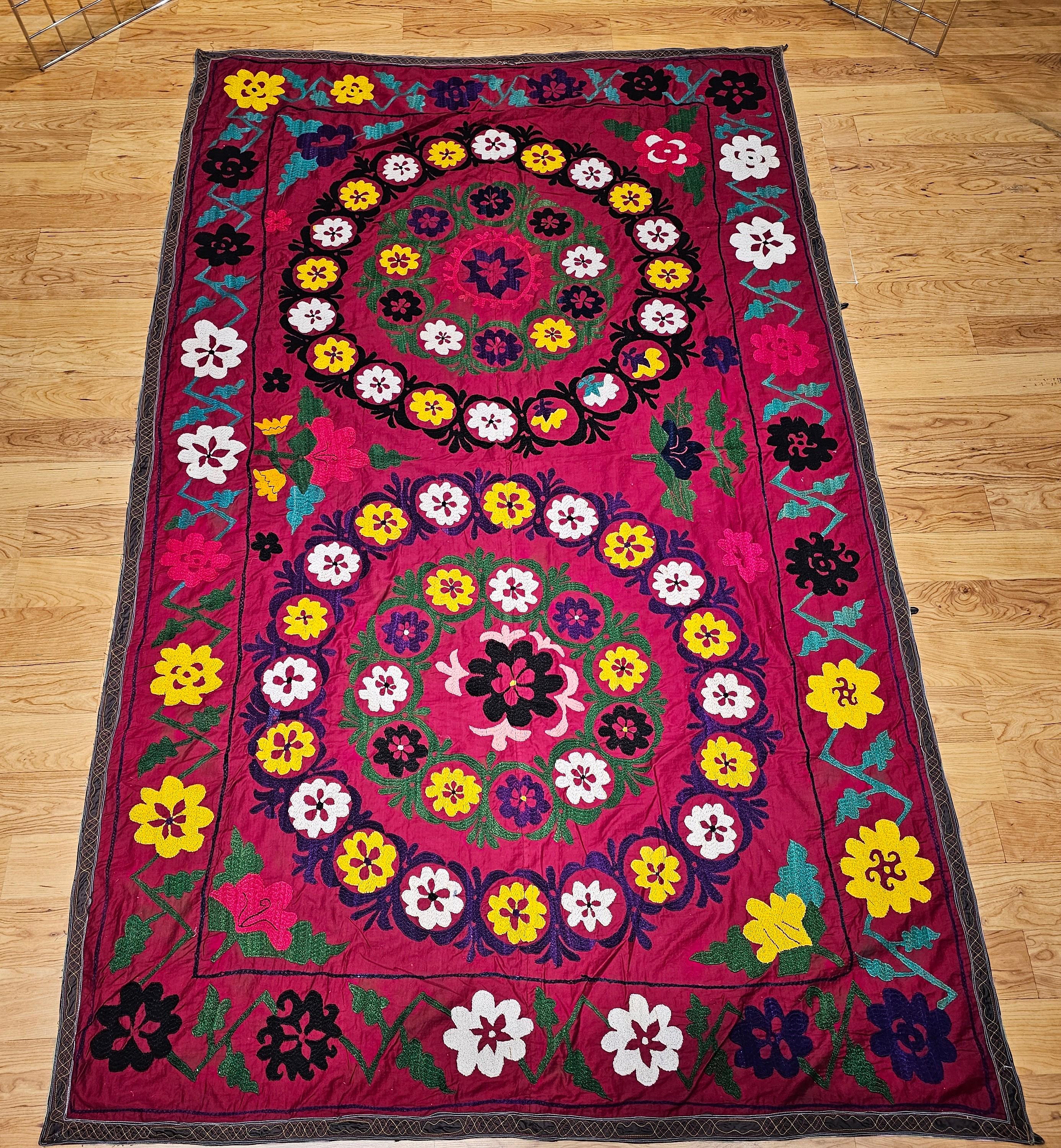 Vintage Uzbek Silk Embroidery Suzani in Crimson, Green, Ivory, Yellow, Purple For Sale 1
