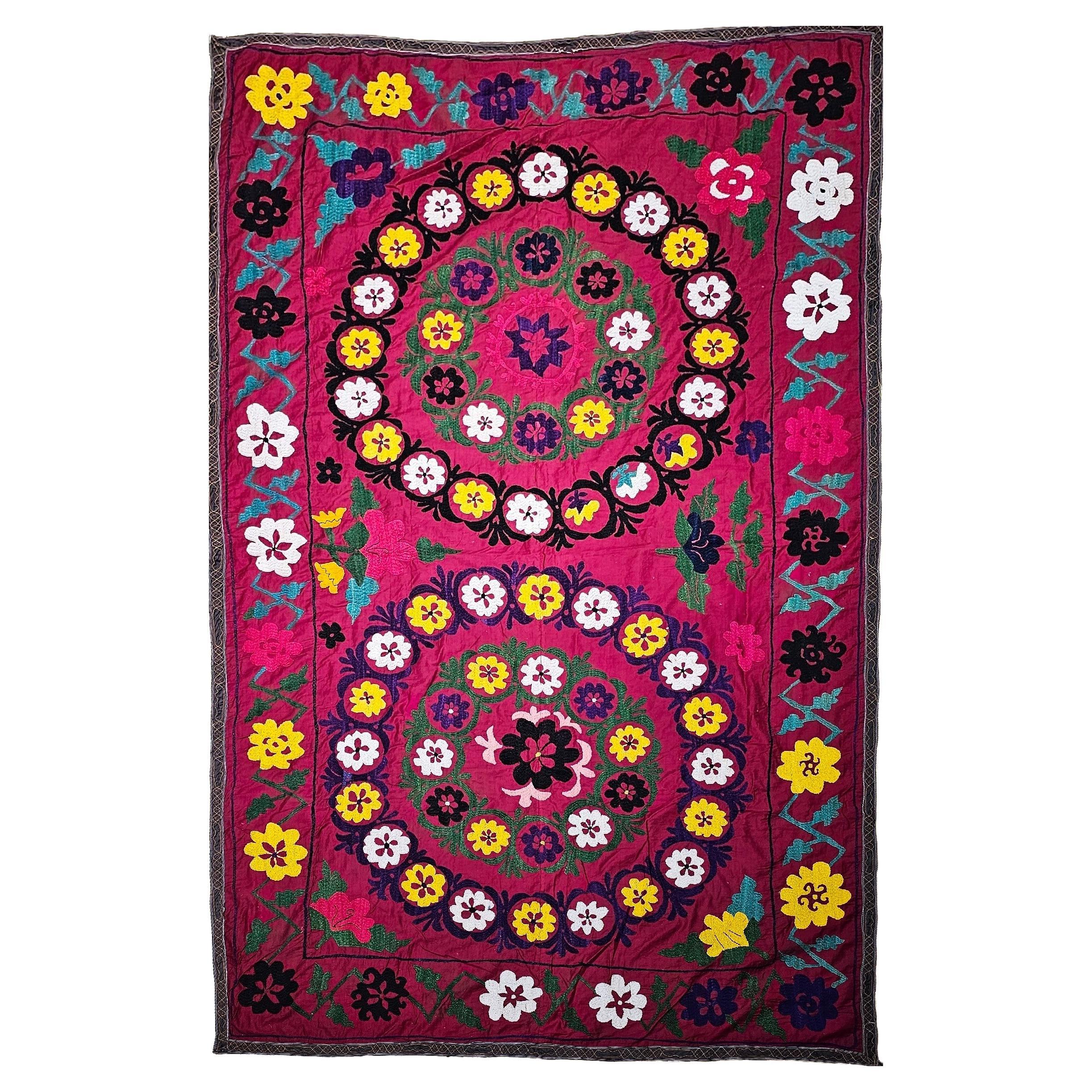 Vintage Uzbek Silk Embroidery Suzani in Crimson, Green, Ivory, Yellow, Purple For Sale