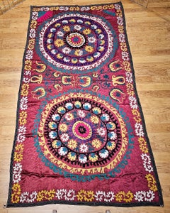 Vintage Uzbek Silk Embroidery Suzani – Red, Turquoise, Ivory, Yellow, Purple