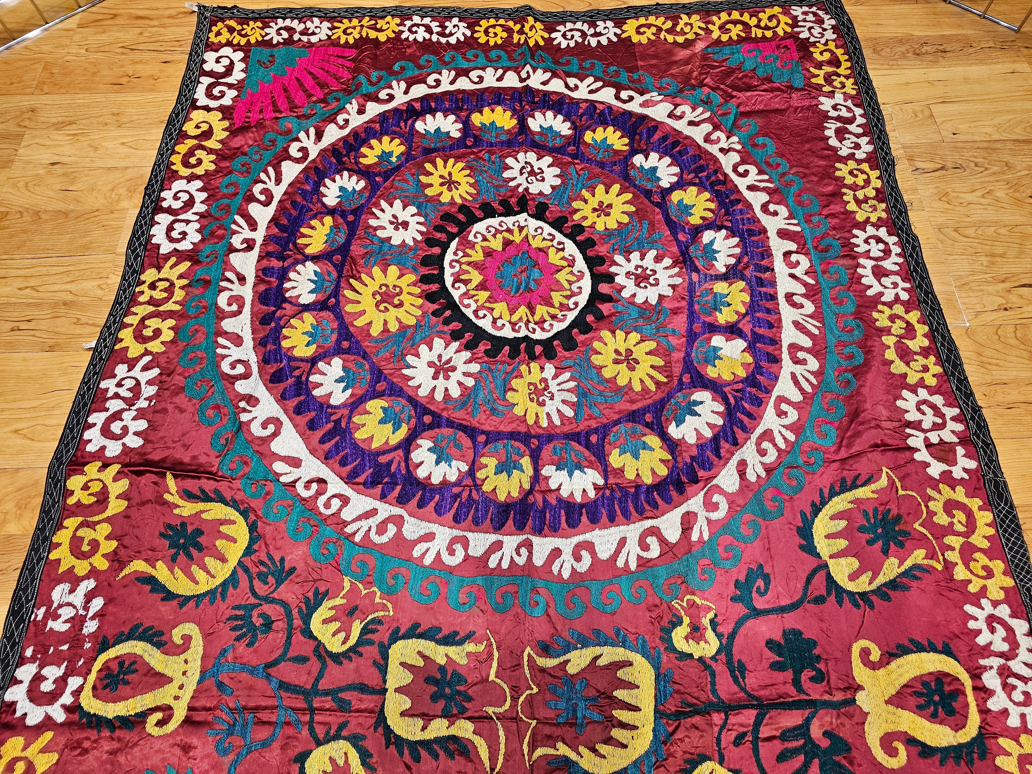 Hand-Crafted Vintage Uzbek Silk Embroidery Suzani in Red, Turquoise, Ivory, Yellow, Purple For Sale